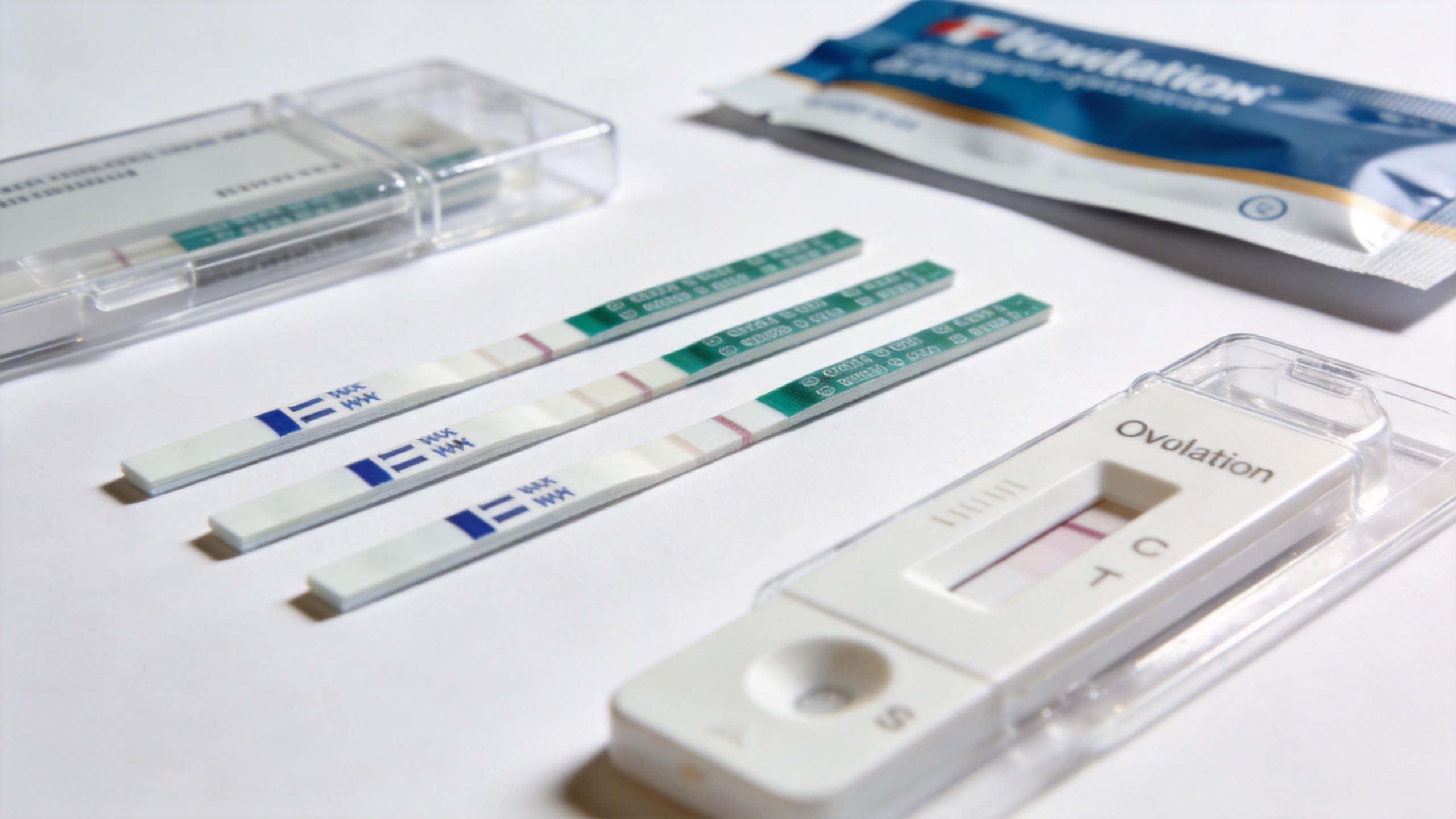 Ovulation test kit strips showing LH detection results