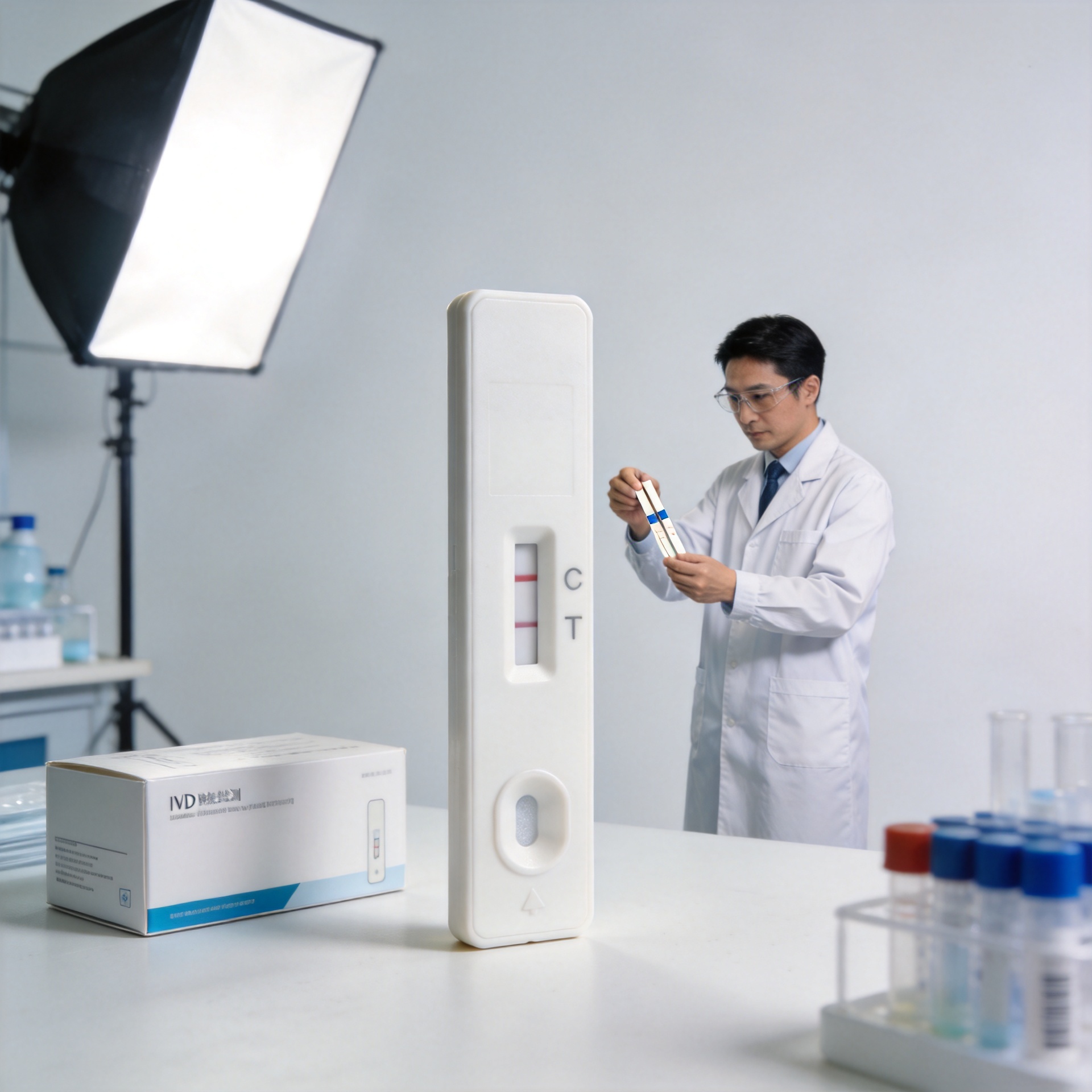 Laboratory validation process for a diagnostic kit, scientist testing IVD reagent strips