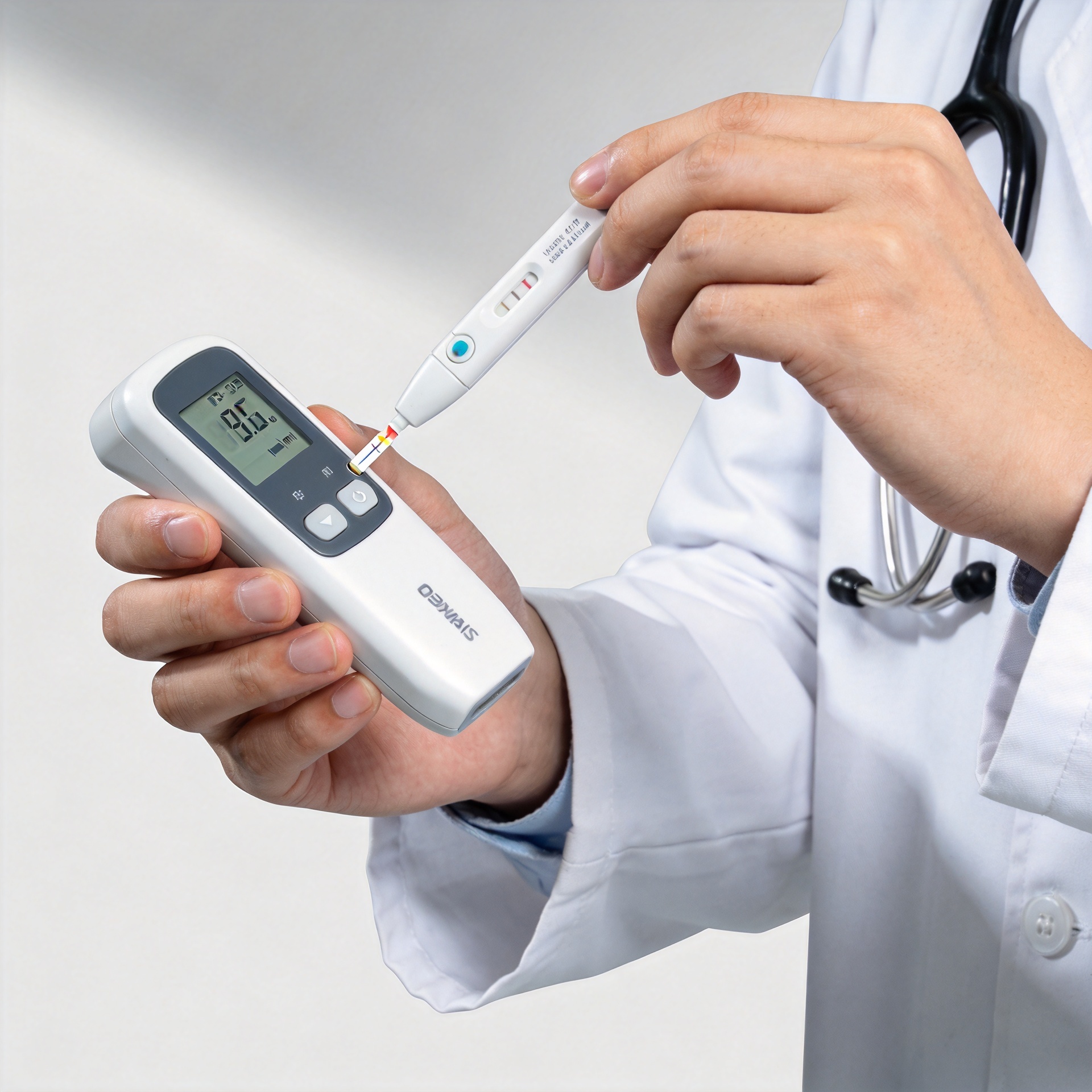 Healthcare professional using a point-of-care testing device in a primary care consultation