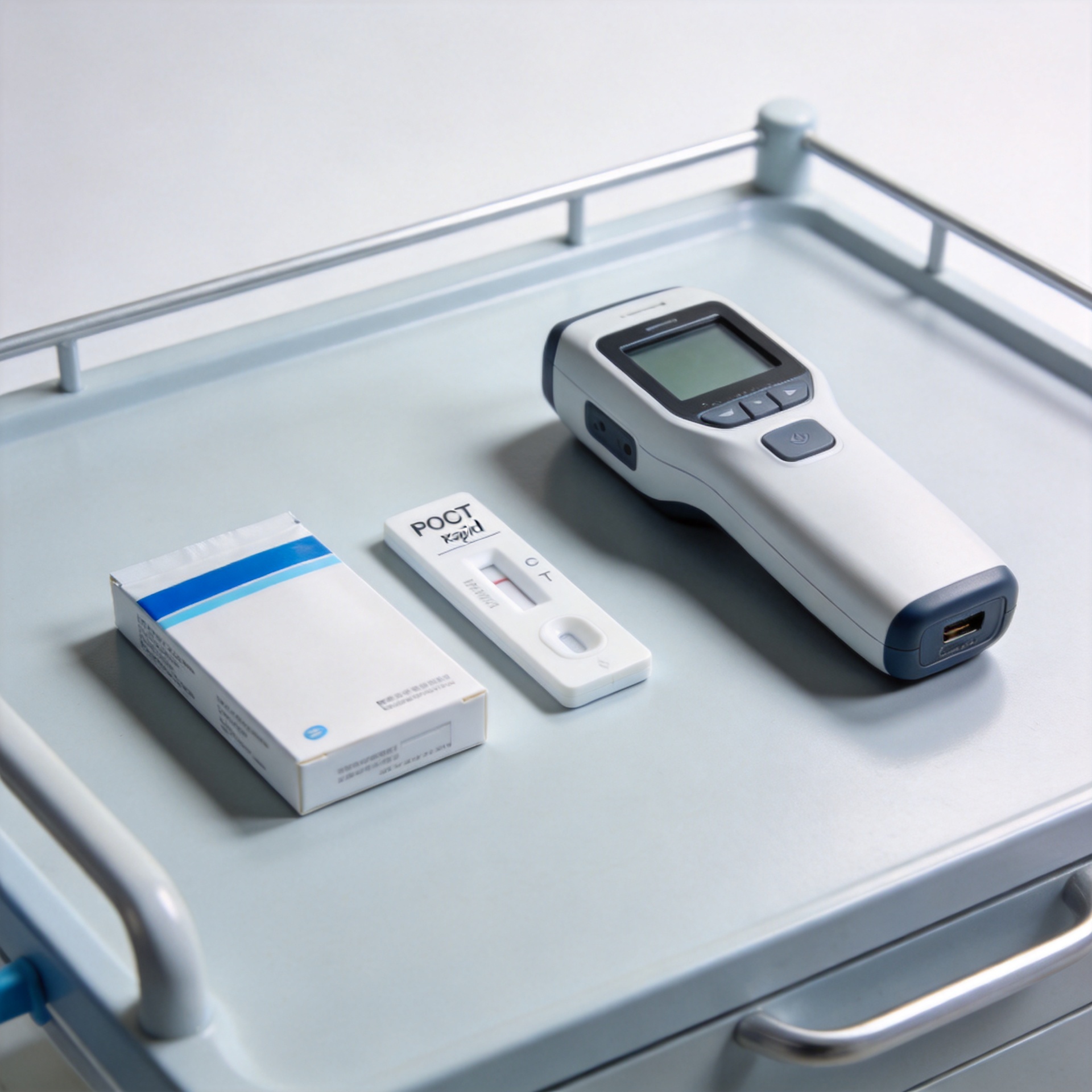 POCT rapid test kits and handheld analyzer displayed on a clinical surface for selection comparison
