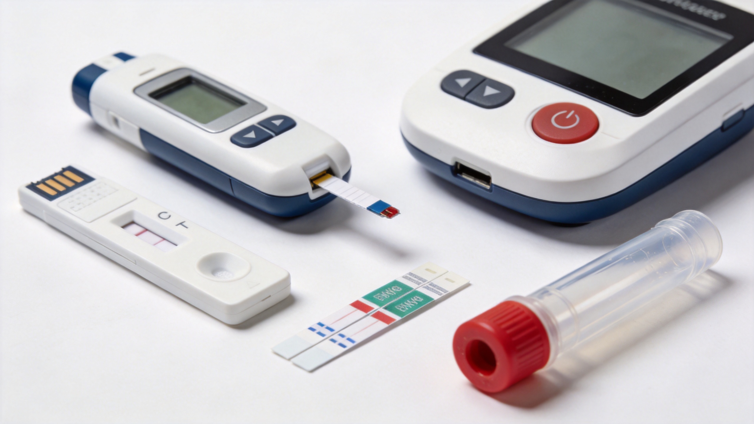 Home blood collection kit components including lancet device, test strips and collection tube
