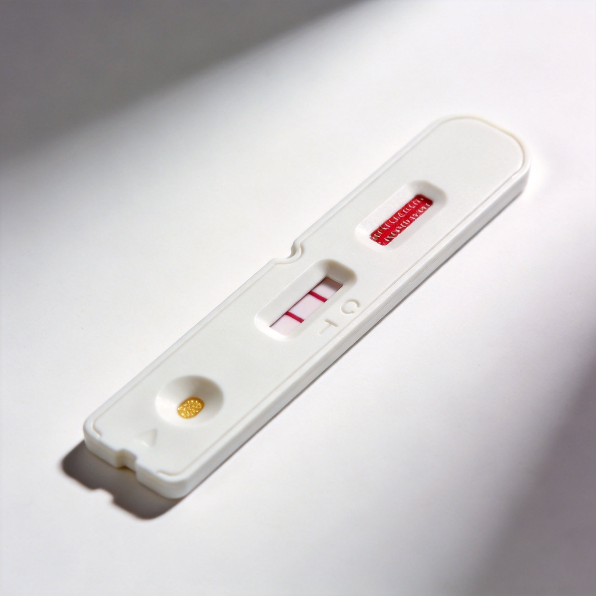 Colloidal gold lateral flow immunoassay test strip showing diagnostic result lines