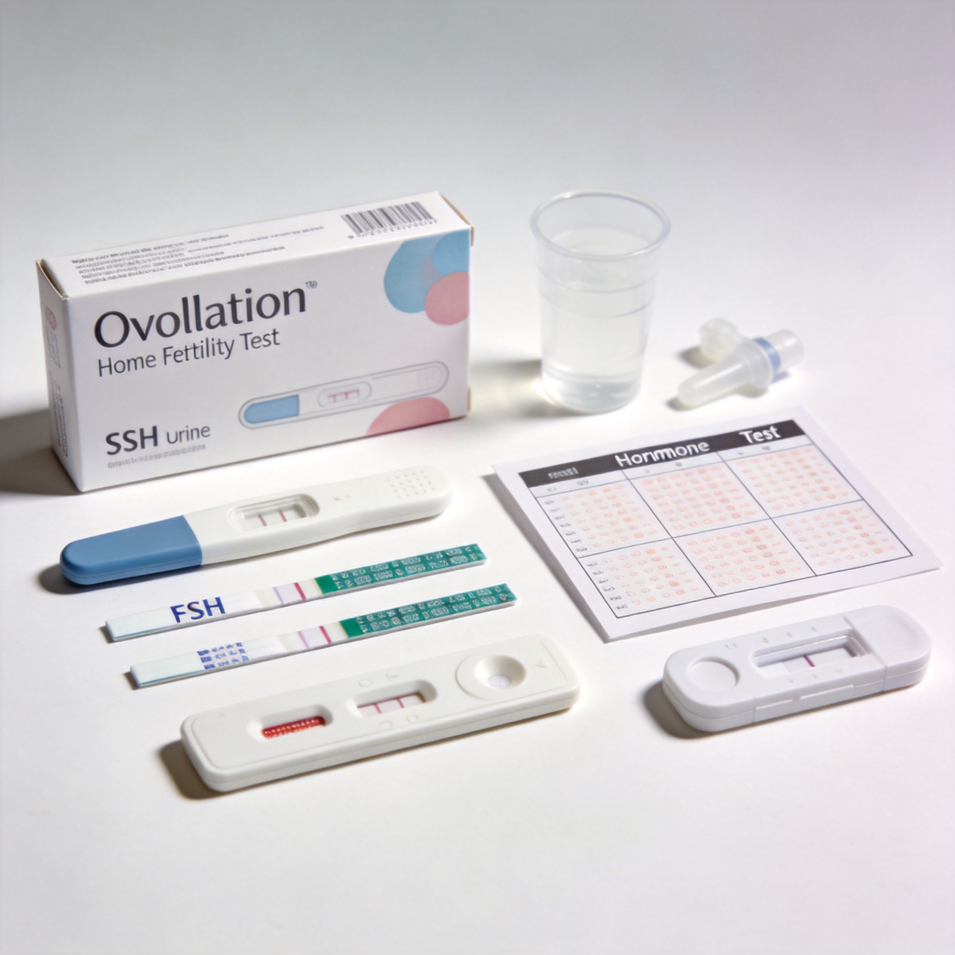 Types of home fertility test kits including OPK strips, FSH test kit, and hormone panel