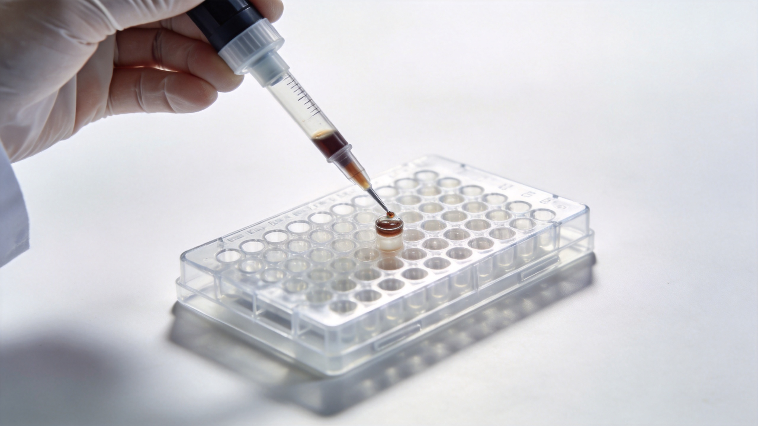 Lab technician adding detection antibody to microplate wells in a sandwich ELISA assay