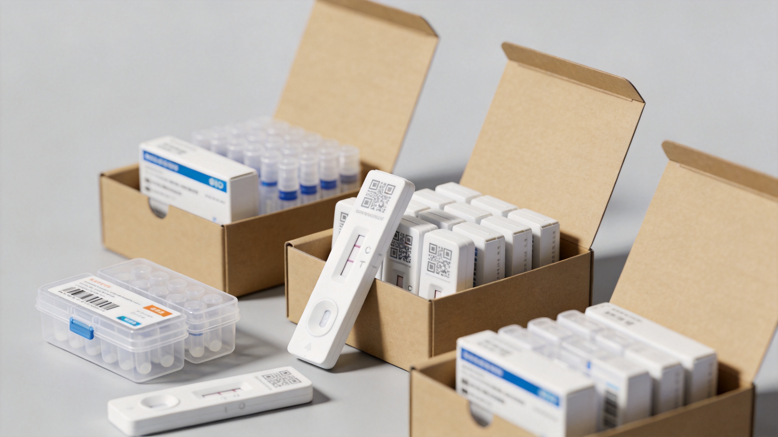 IVD diagnostic test kits organized in clinical storage for medical testing procurement