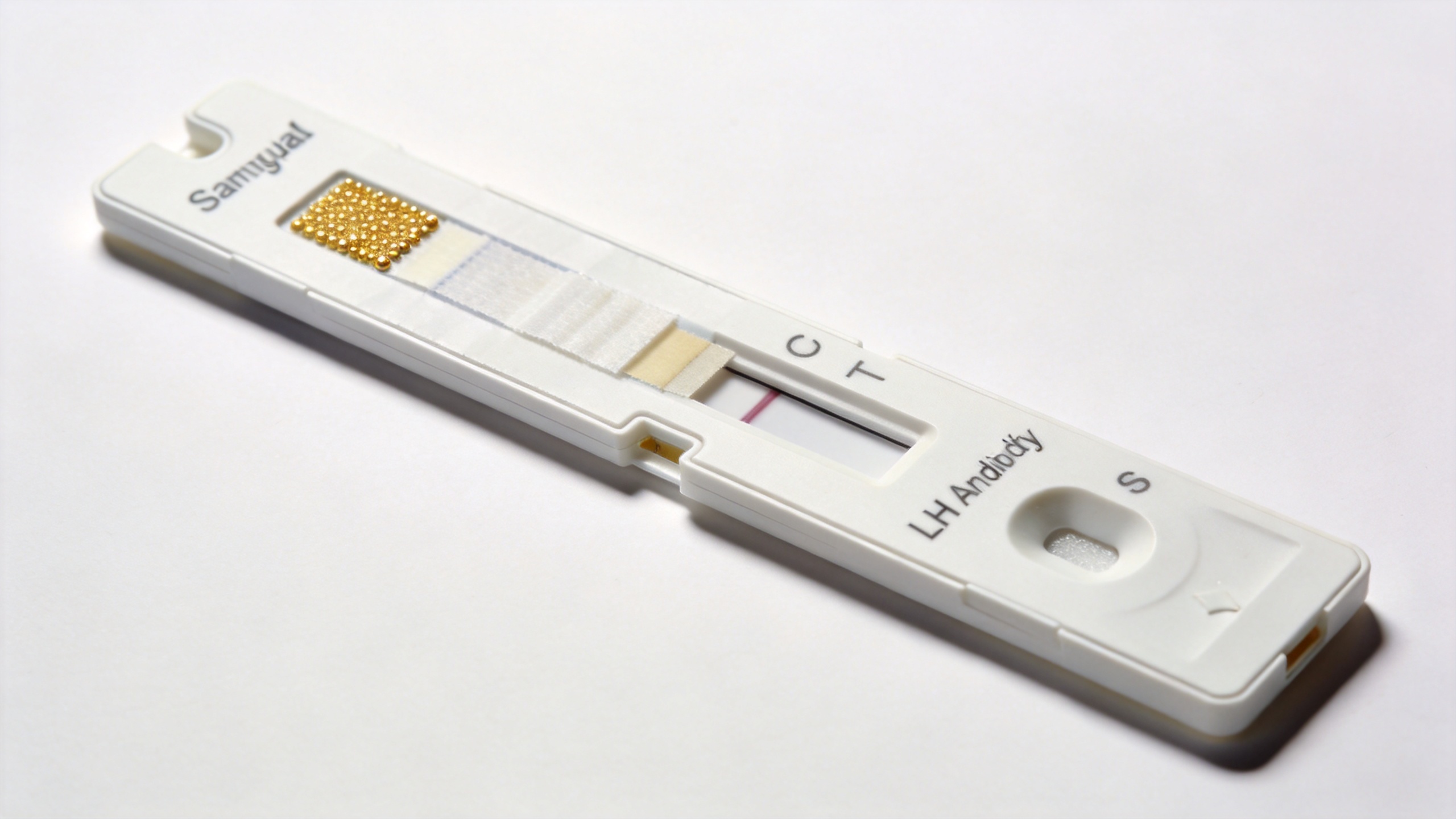 Ovulation test kit lateral flow immunochromatographic strip component diagram showing sample pad, conjugate pad, test line and control line