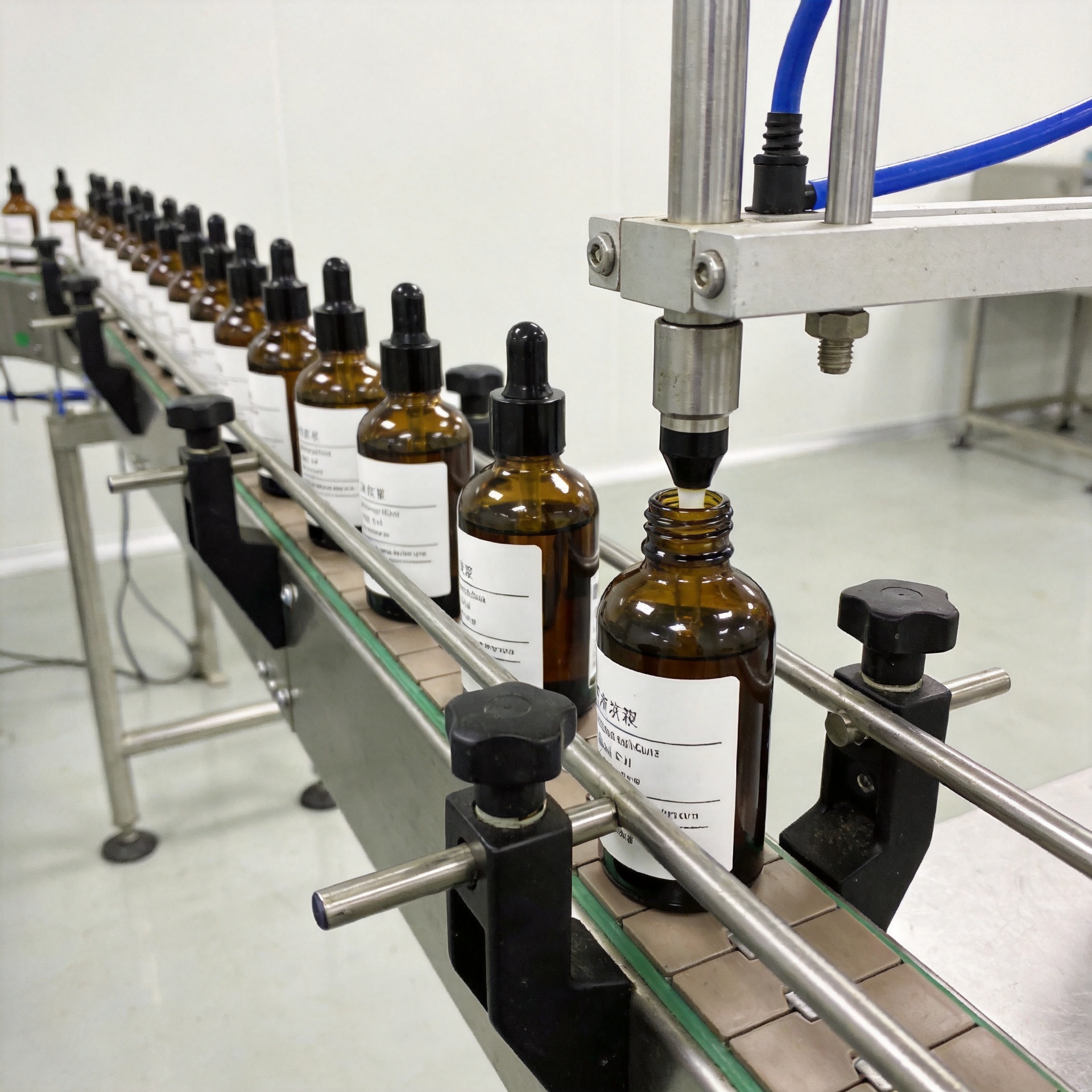 Cosmetic OEM production line filling and packaging skincare products in a GMP-compliant facility