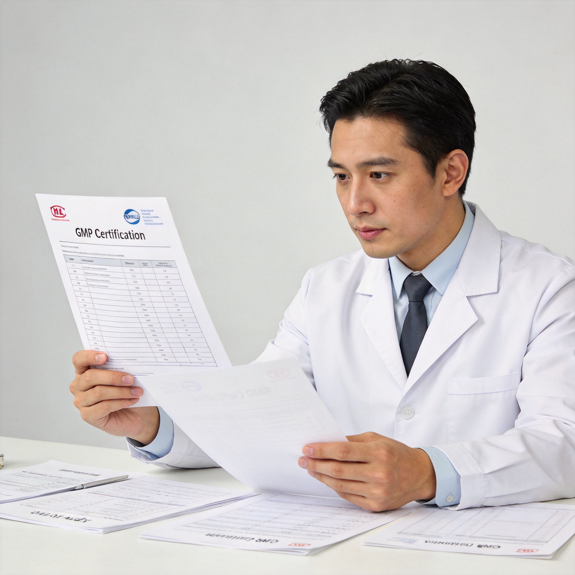Procurement specialist reviewing GMP documentation and batch records at a skincare OEM manufacturer facility