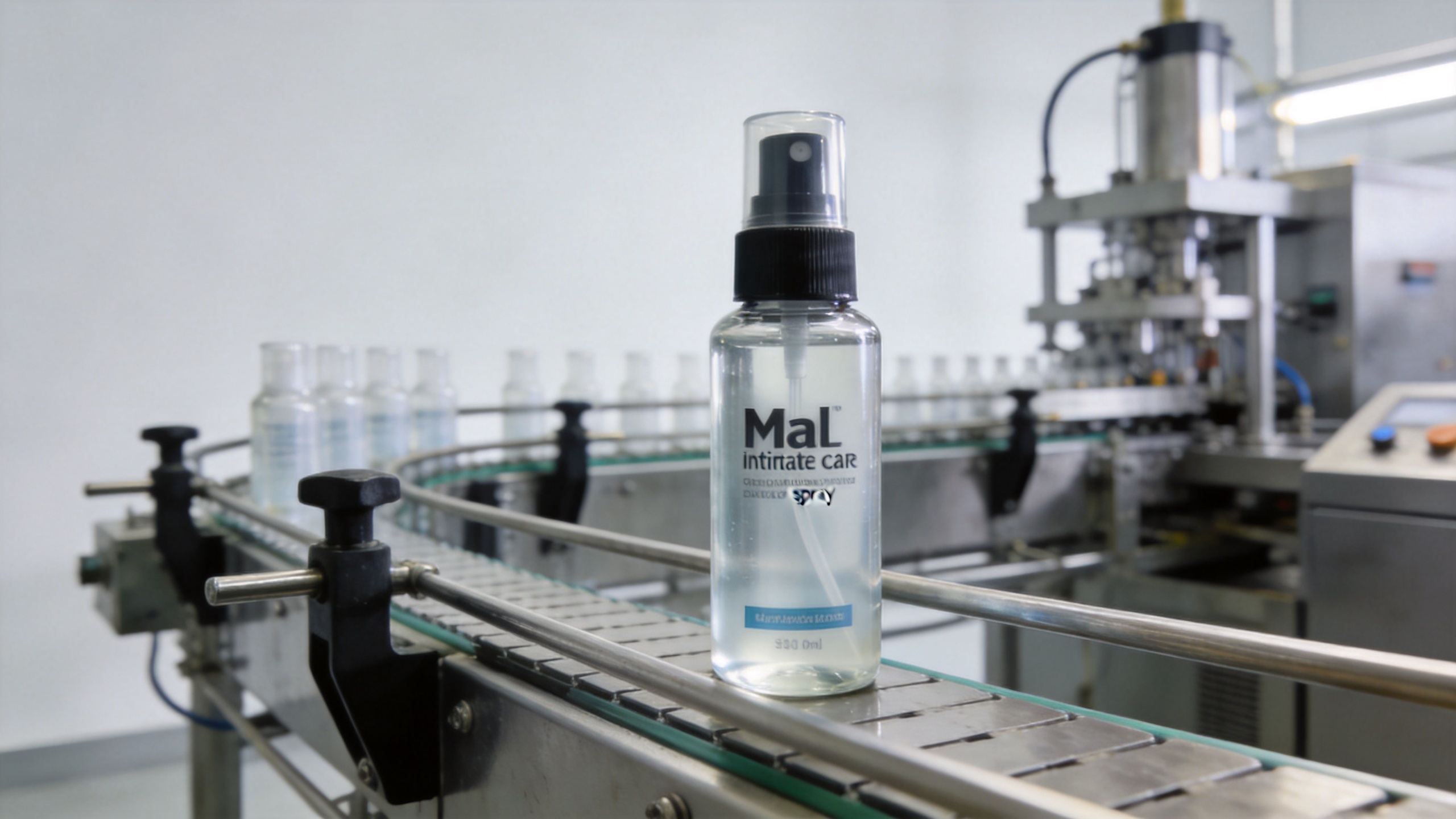 Spray bottle production line at a male delay spray manufacturer OEM facility