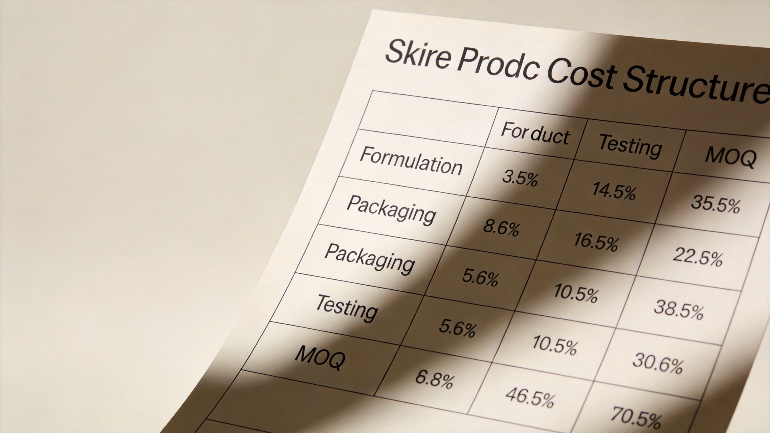 Cosmetic contract manufacturer cost breakdown pricing structure showing formulation packaging testing and MOQ