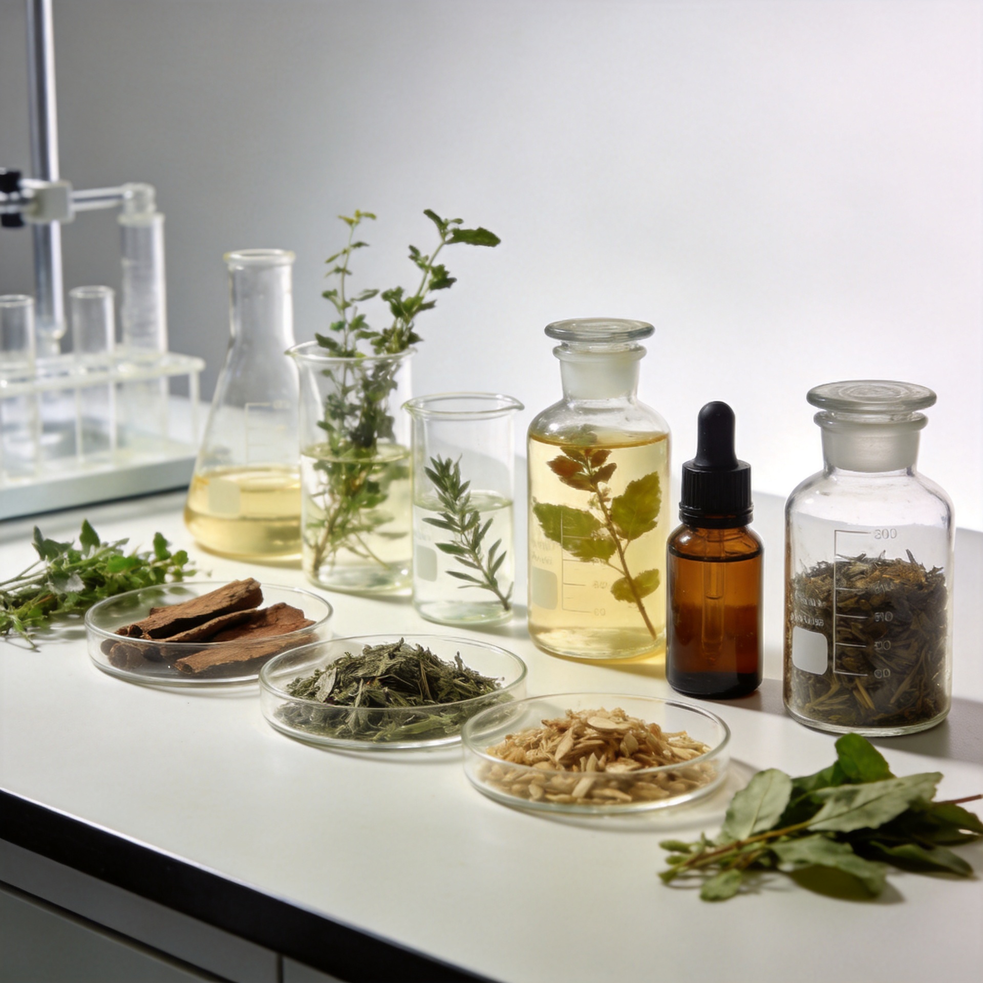 Natural herbal botanicals and plant extracts used in professional skincare manufacturing