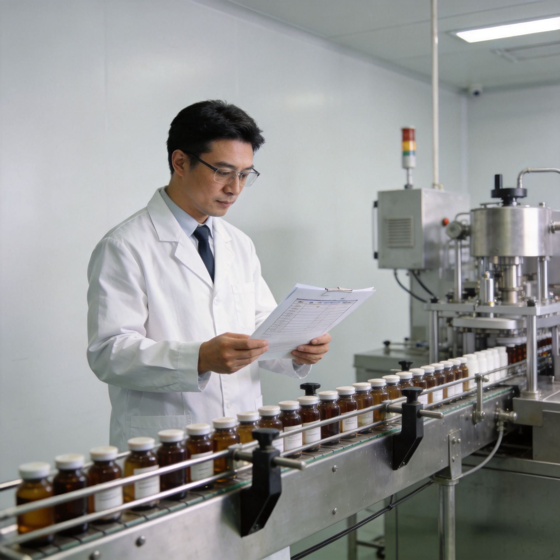 Factory audit walkthrough at a Chinese skincare OEM manufacturing facility examining production line and quality control