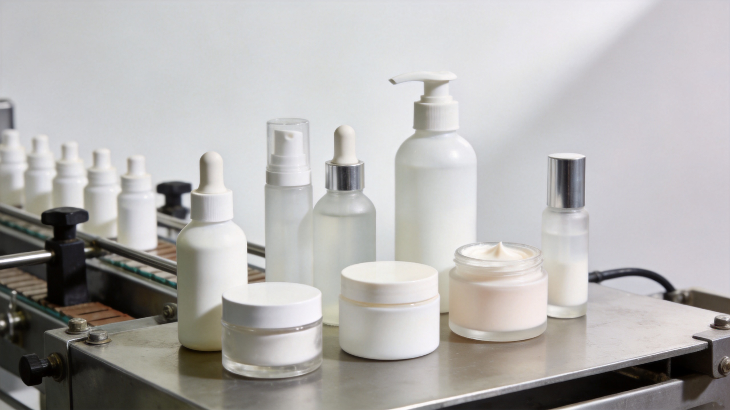 Skincare product containers showing typical minimum order quantity batch in a manufacturing facility