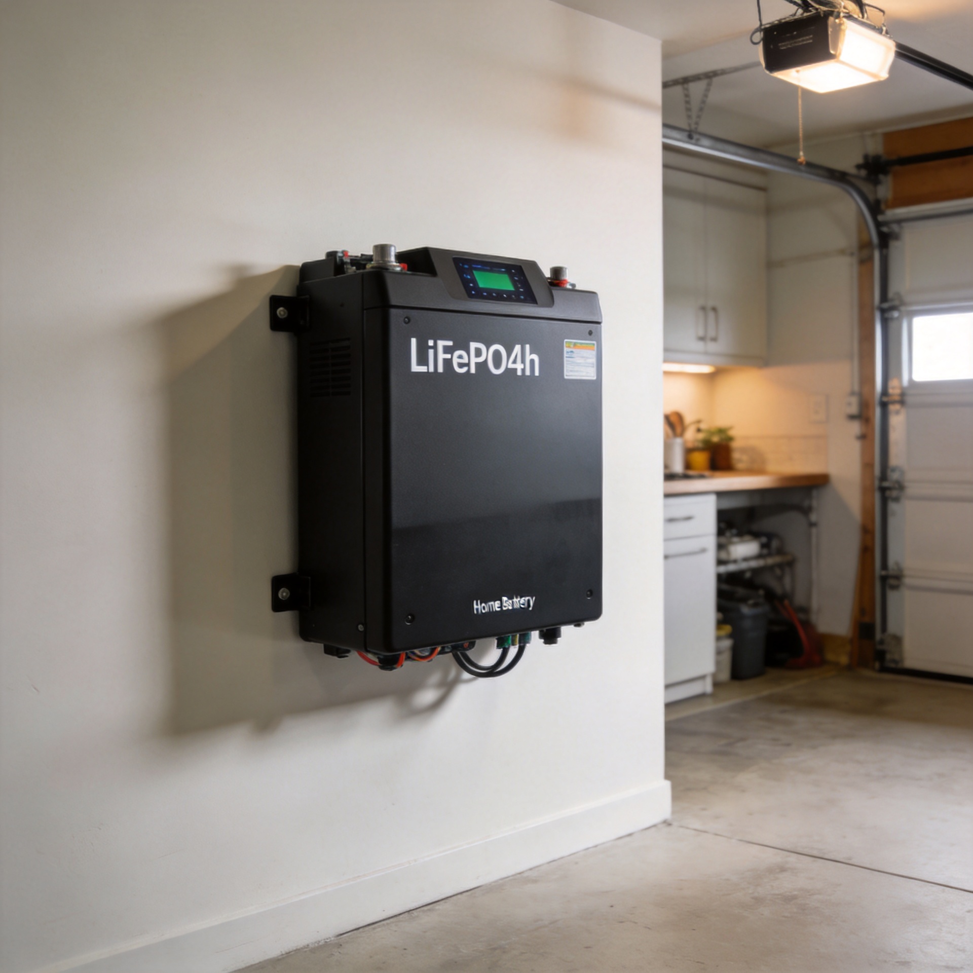 LiFePO4 home battery wall-mounted installation in a residential utility room
