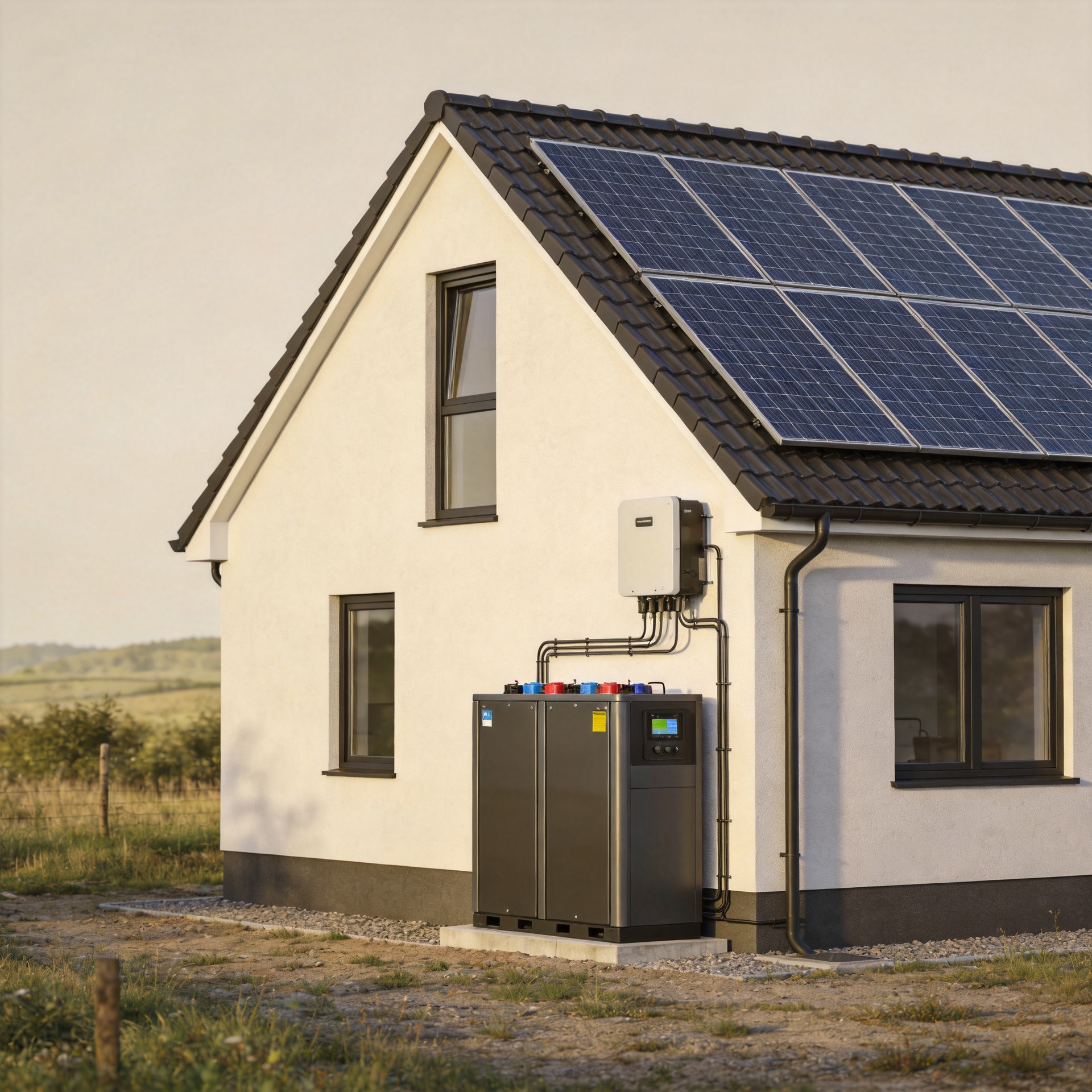 Residential home with solar panels and battery storage system in an off-grid environment