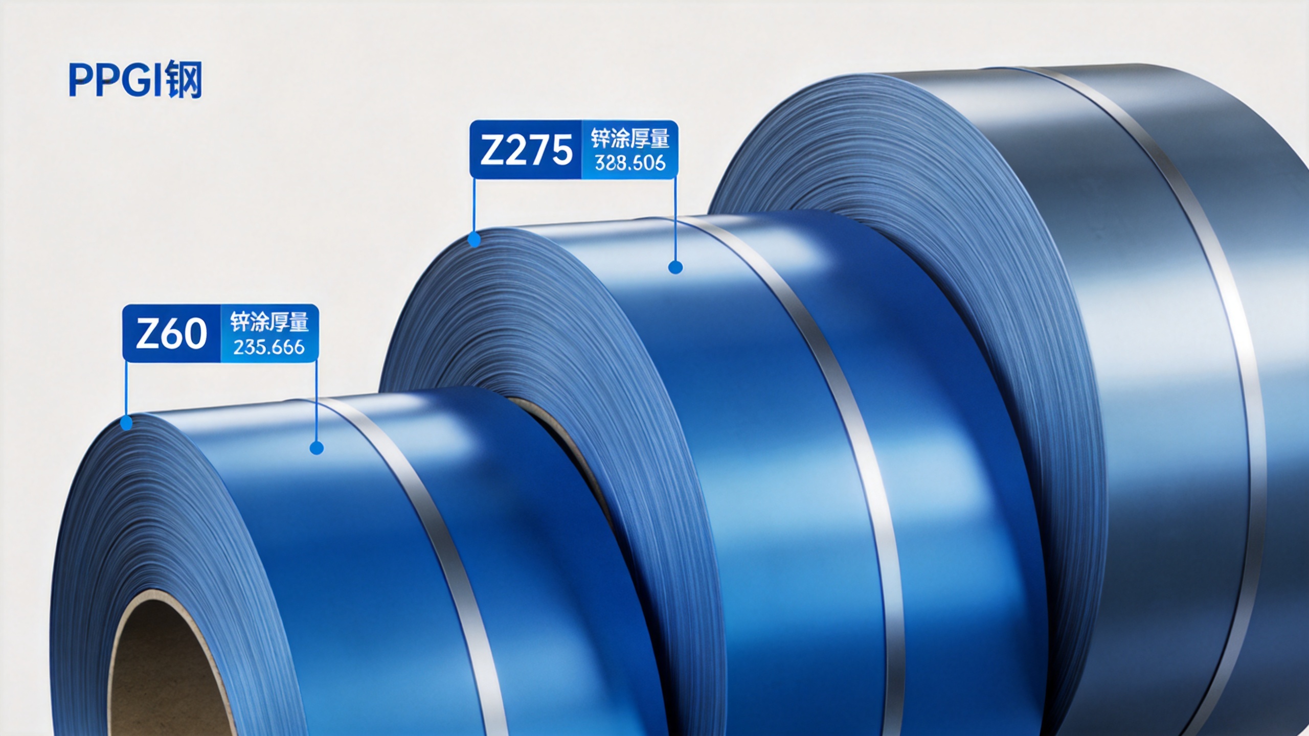 Zinc coating weight designations for PPGI steel coil ranging from Z60 to Z275