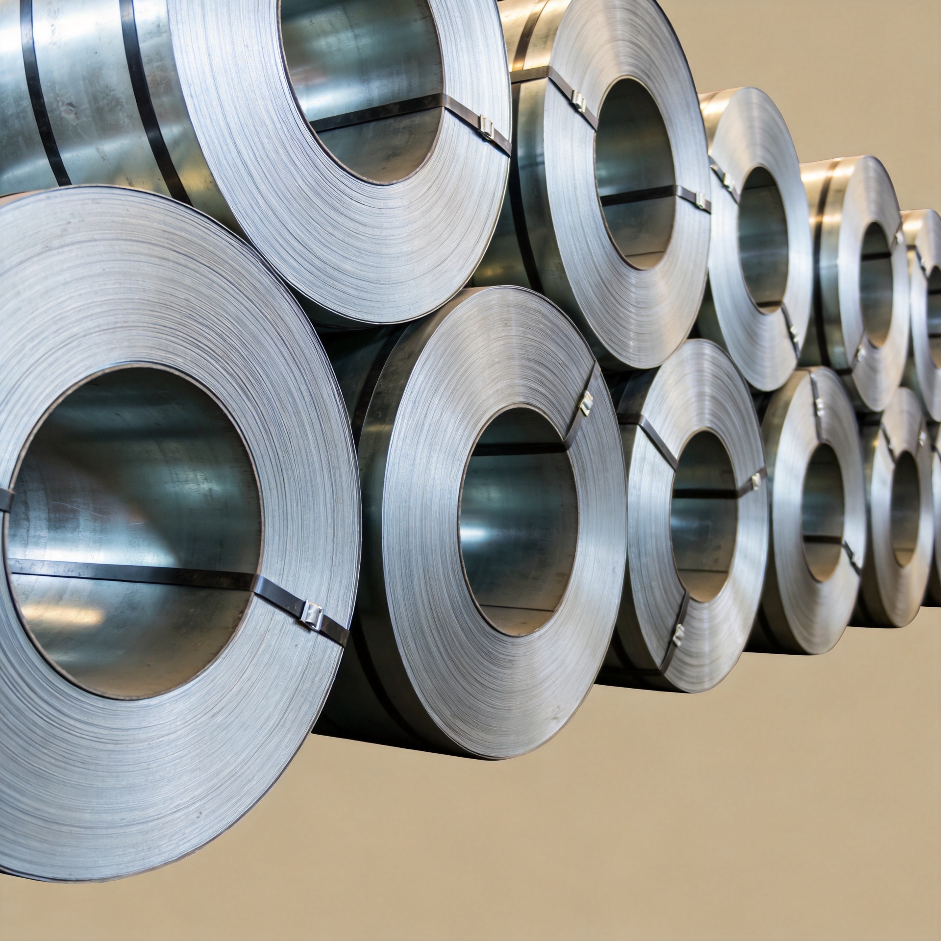 Galvanized steel coil rolls in an industrial warehouse showing zinc coating surface