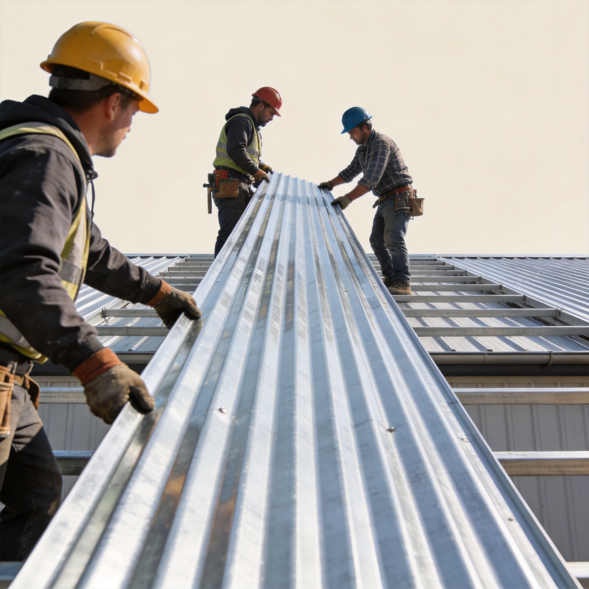 Galvanized steel roofing panels being installed on a commercial building construction project