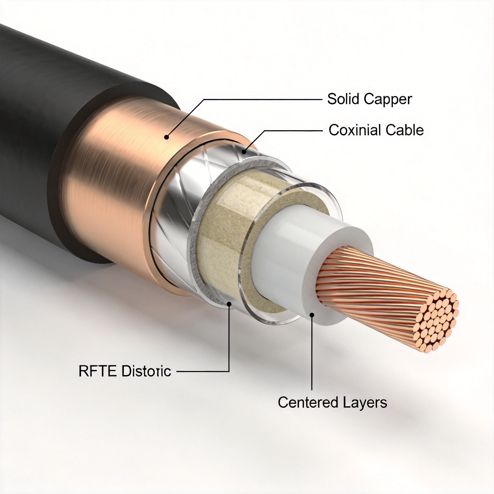 Cross-section view of a semi rigid coaxial cable assembly showing solid outer conductor, PTFE dielectric, and center conductor