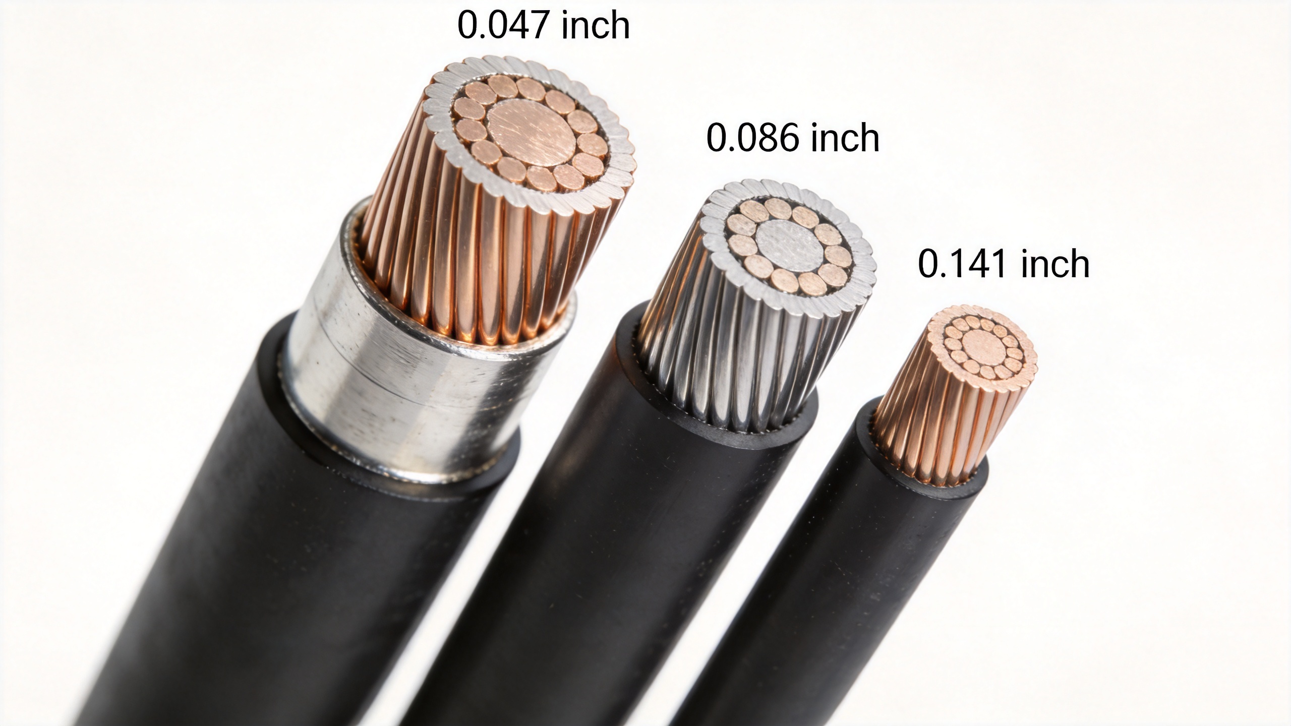 Semi-rigid RF cables of different outer diameters for size comparison