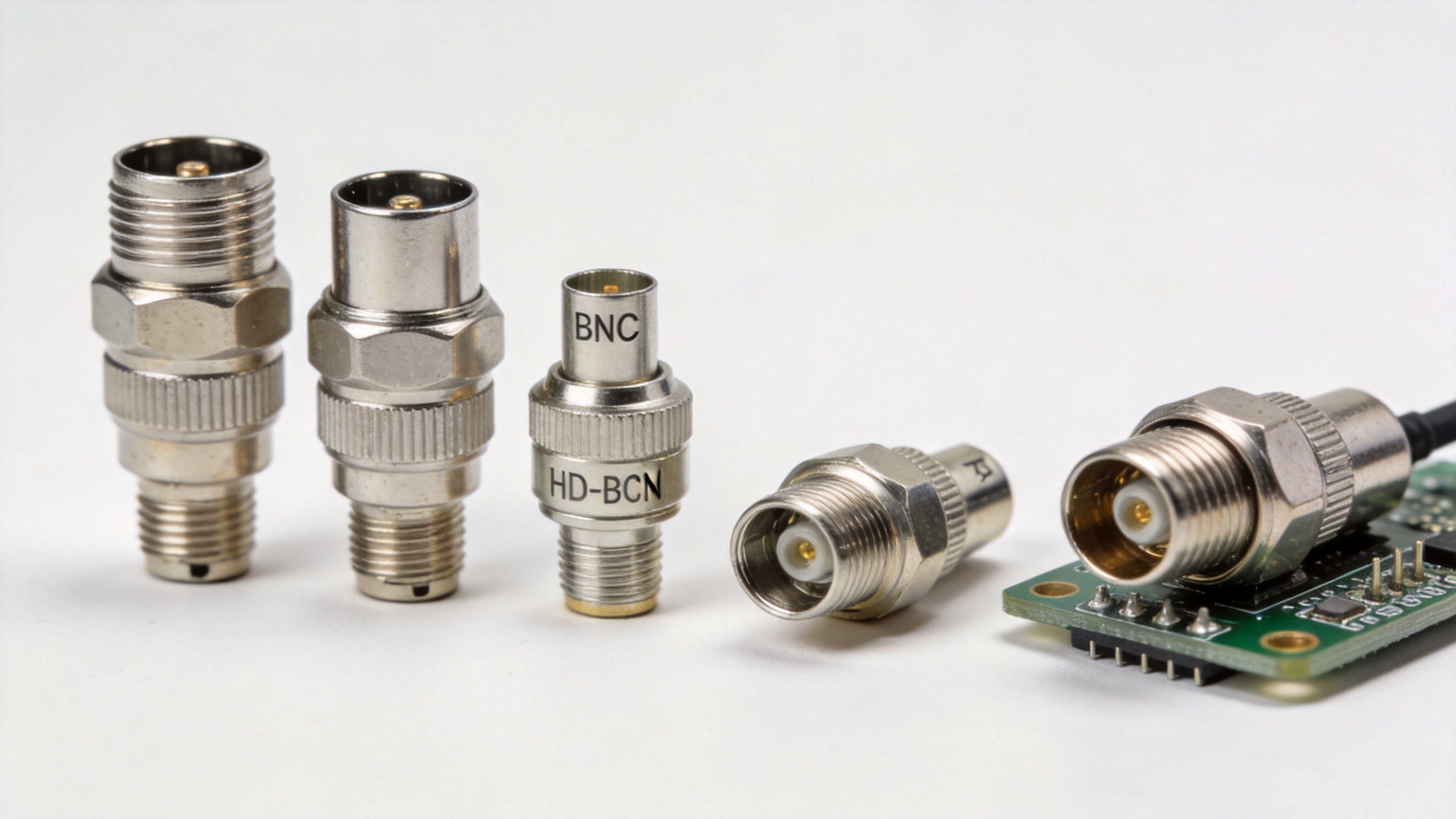Multiple BNC connector types including standard, reverse-polarity and HD-BNC variants arranged for comparison