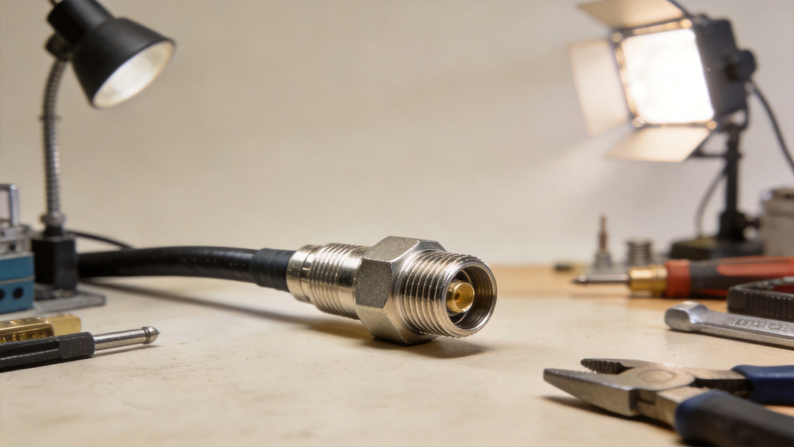 SMA male to female connector adapter on RF engineering workbench showing threading detail