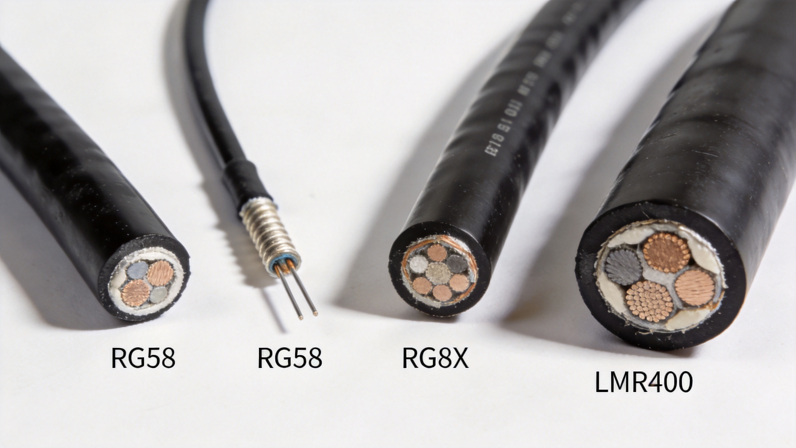 RF coaxial cable types comparison: RG58, RG8X, and LMR400 used in RF coaxial jumper assemblies