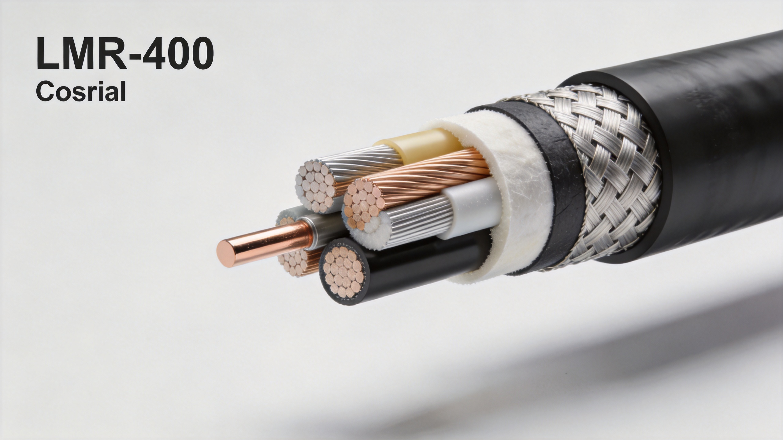 LMR 400 coaxial cable cross-section showing inner conductor, foam dielectric, braid shield, and UV-resistant outer jacket