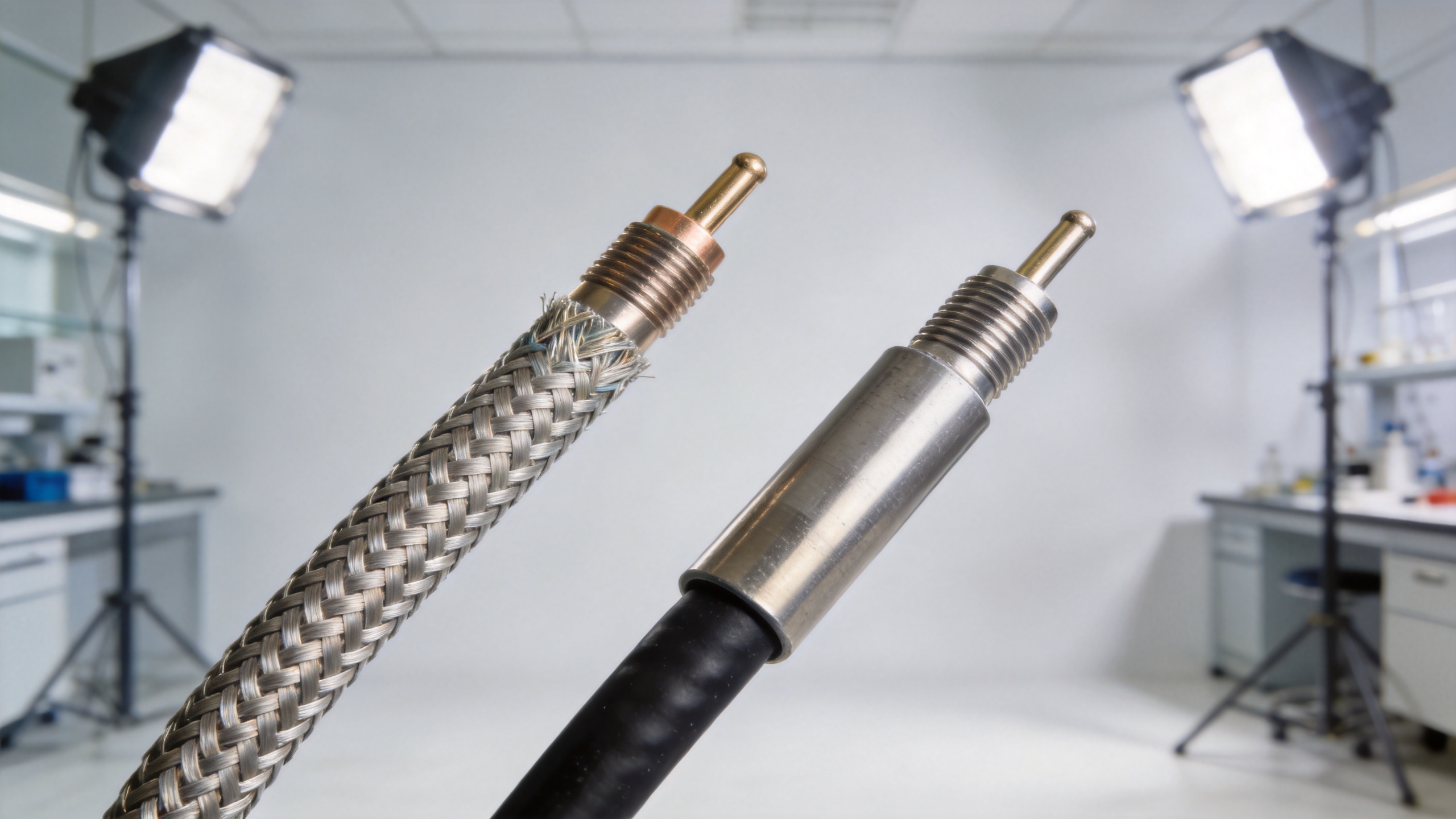 Flexible and semi-rigid coaxial RF cable comparison showing outer conductor construction differences