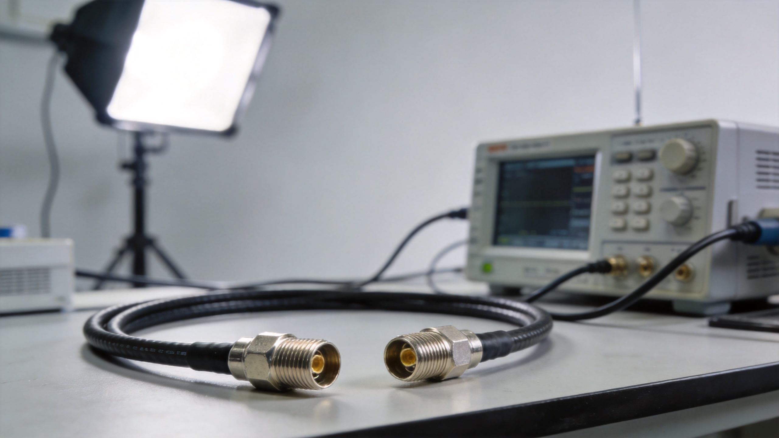SMA male to SMA male coaxial cable assembly for RF test bench extension, semi-flexible design