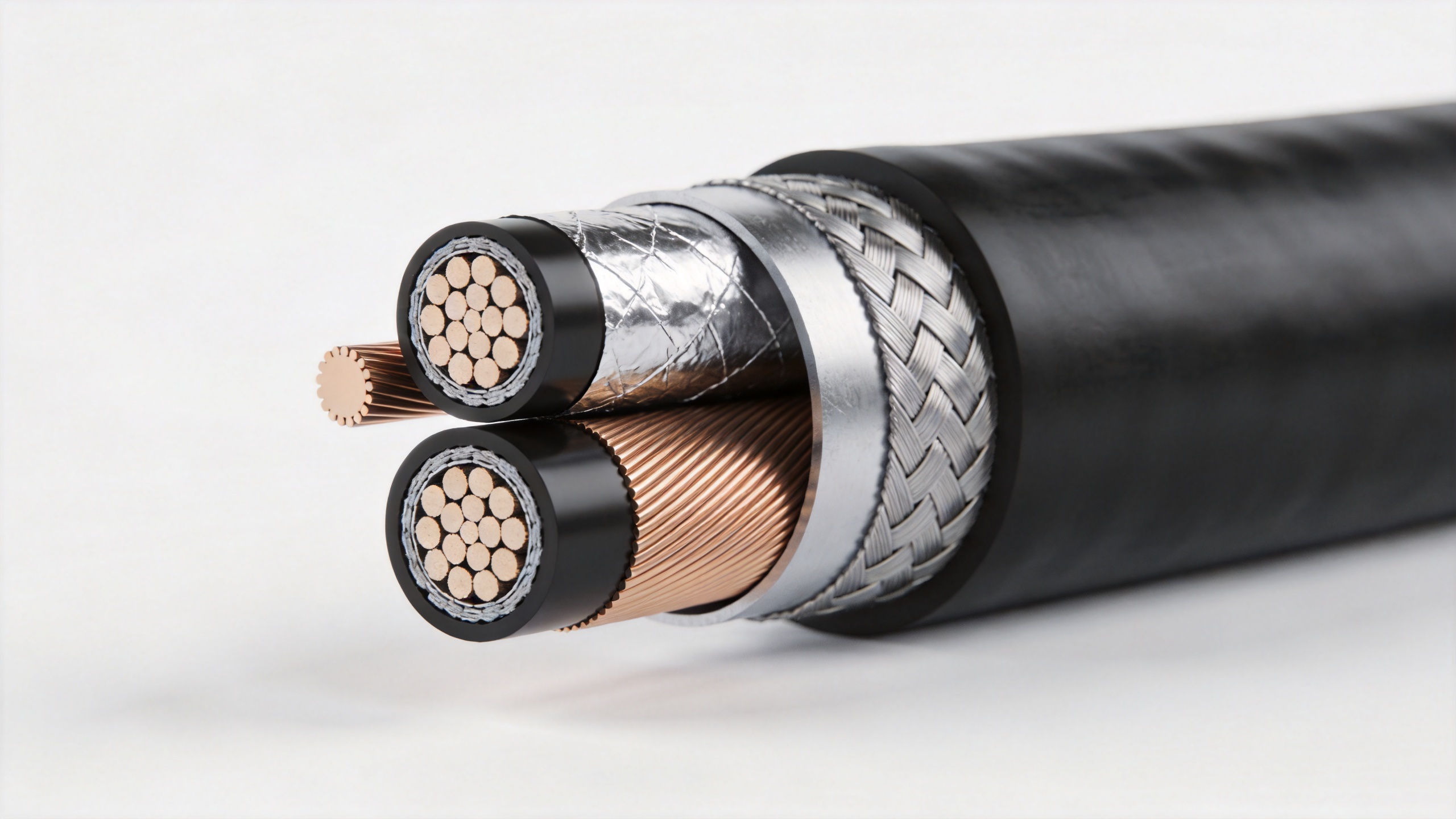 Double-shielded RG coaxial cable cross-section showing foil and braid shielding layers for EMI reduction