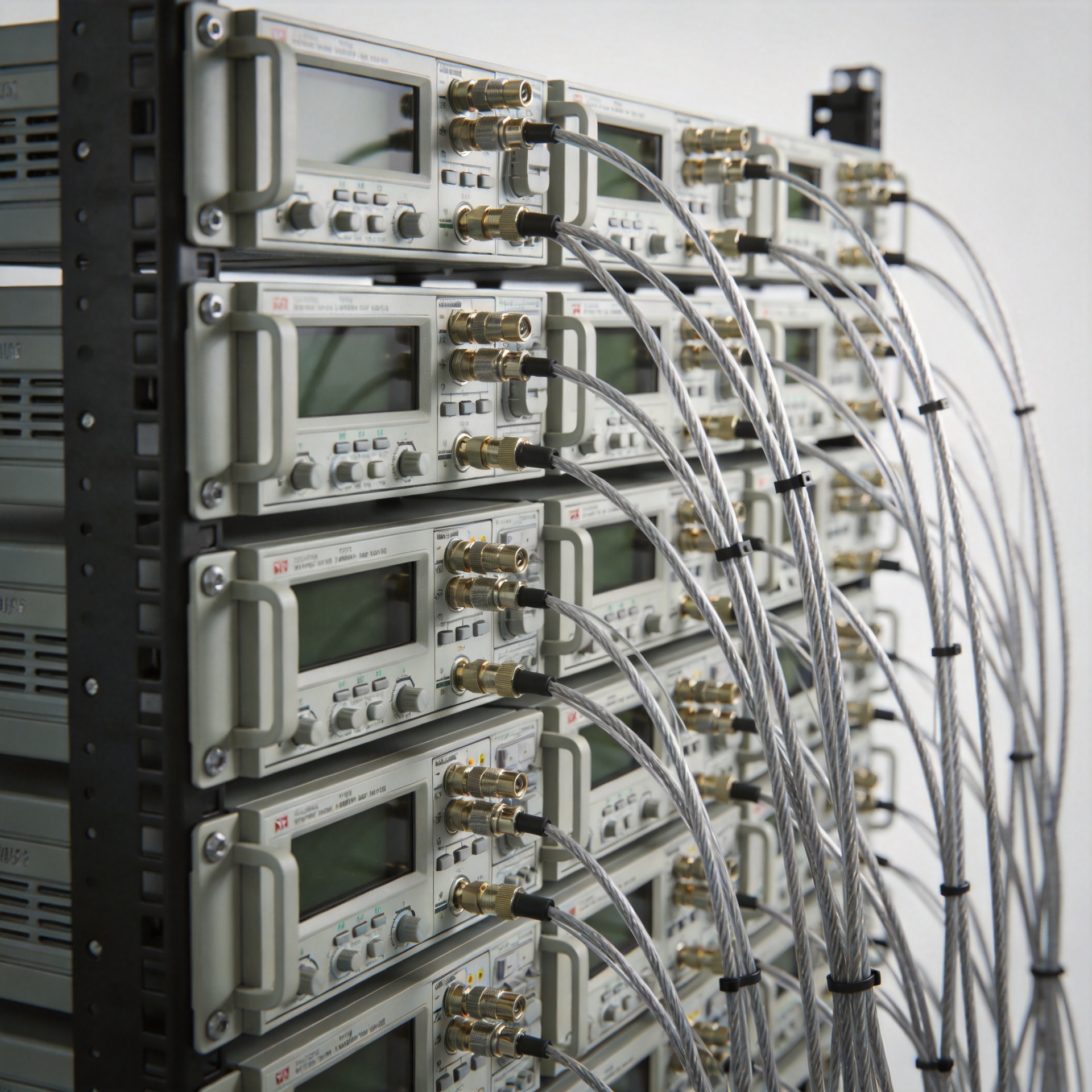 RF test equipment instrument rack showing coaxial jumper cable routing between instruments