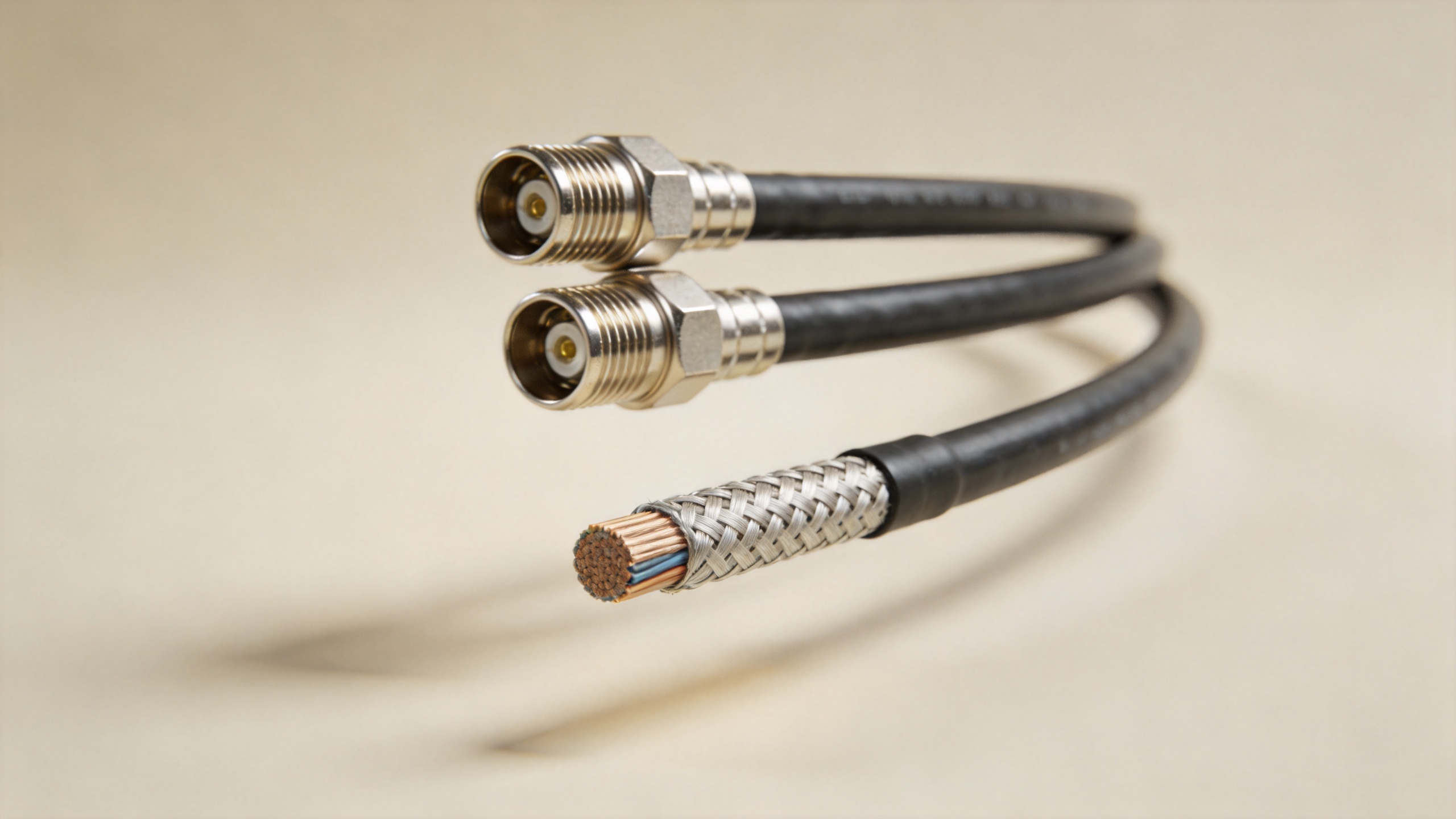 Double shield RG cable assembly with SMA connectors showing braided shield termination at both ends