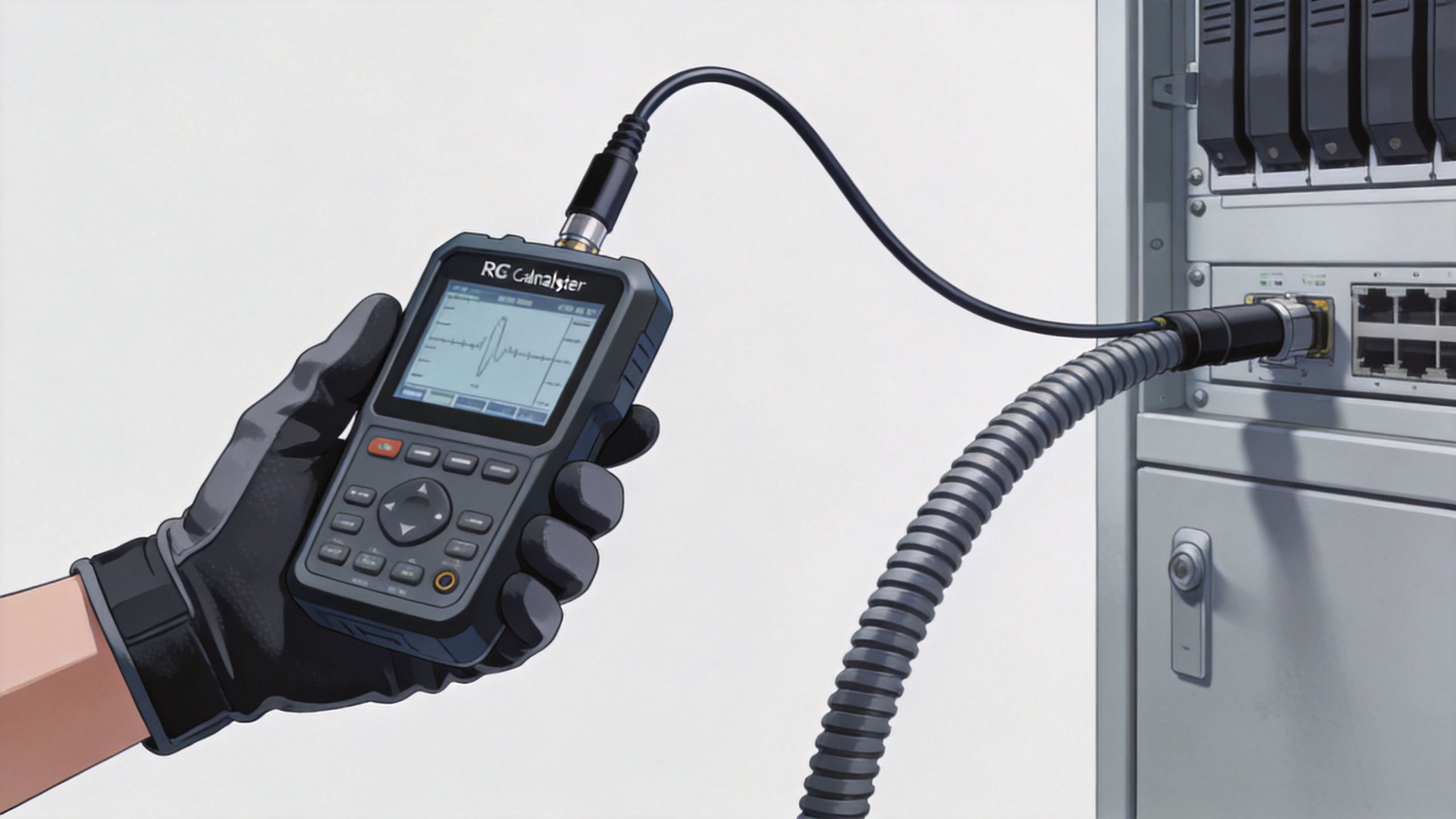Technician verifying a communication feeder cable signal with an RF analyzer