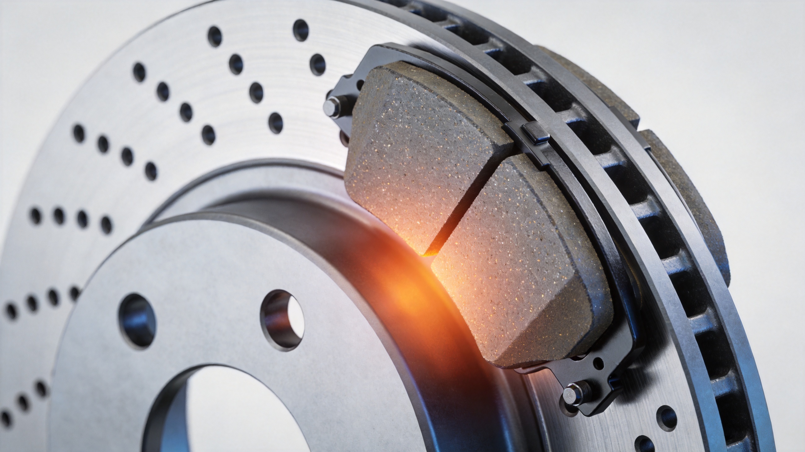 Ceramic brake pad and ventilated rotor illustrating stable friction under repeated braking