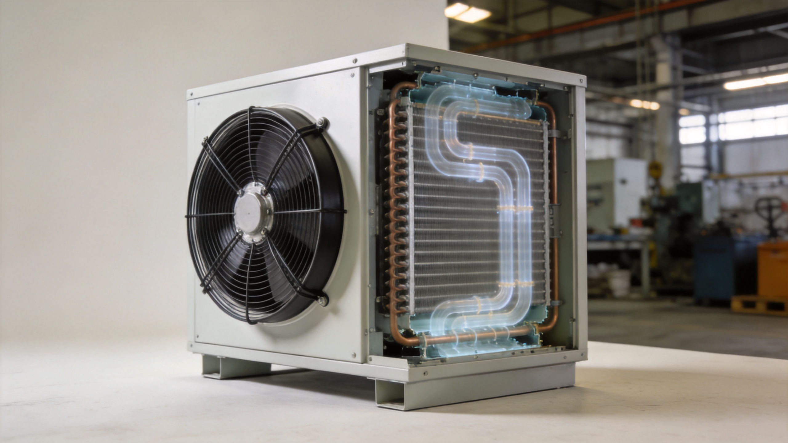 Industrial heat exchange equipment cabinet cooling system with custom axial fan showing airflow paths
