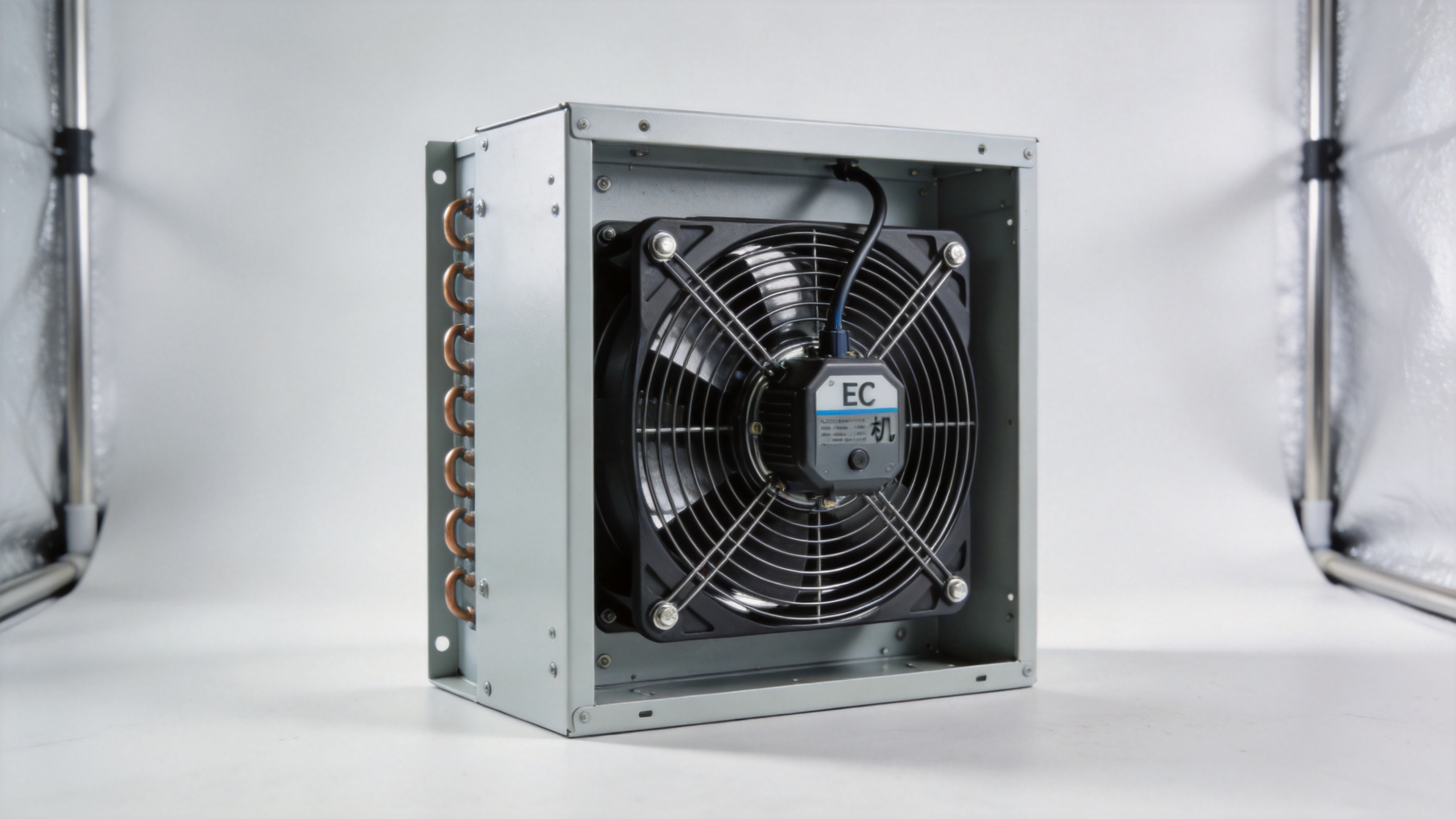 EC variable speed rack cabinet cooling fan installed in industrial electrical enclosure with motor controller