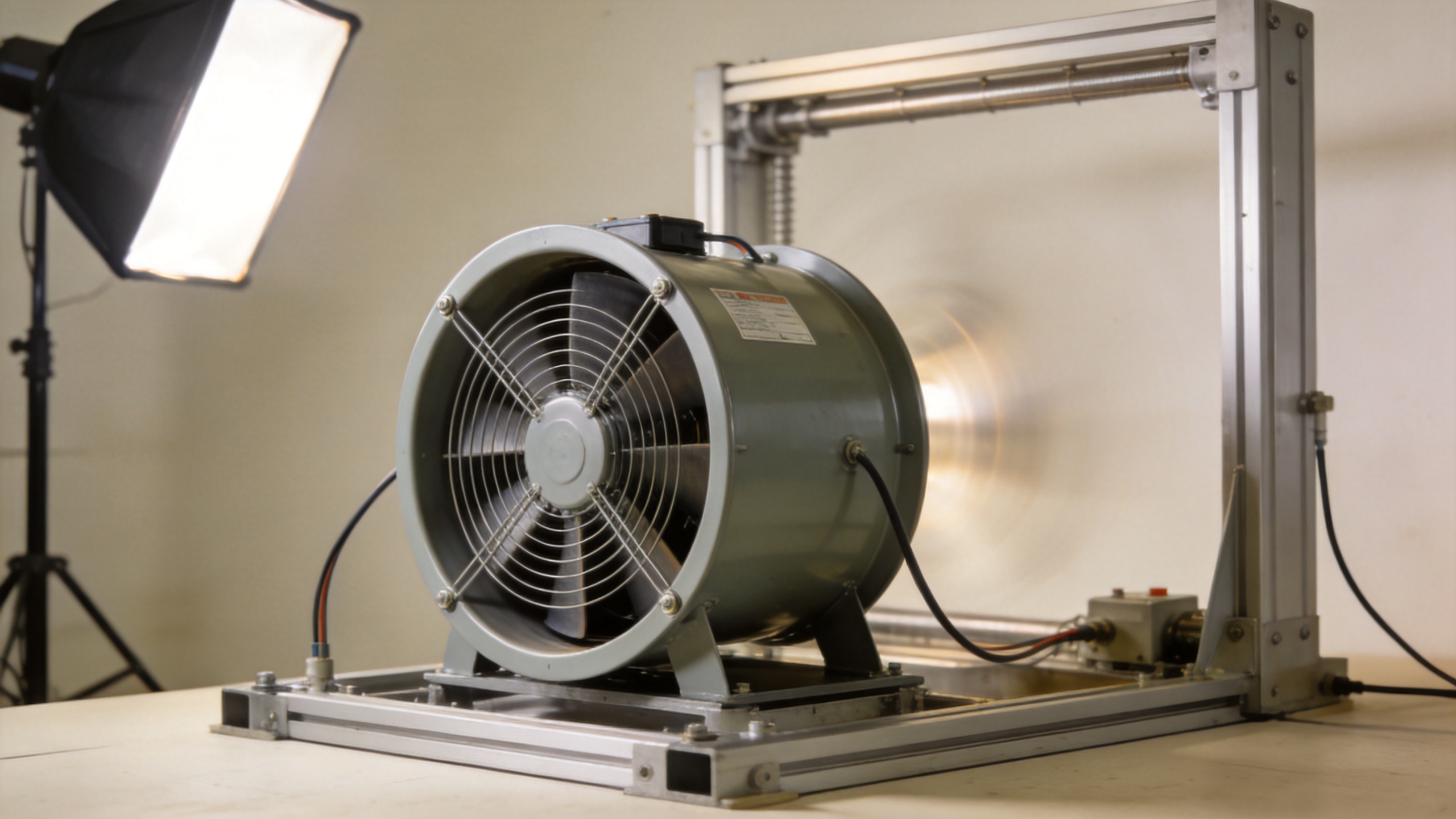 EC axial cooling fan positioned in an aerodynamic test rig for ISO 5801 performance measurement