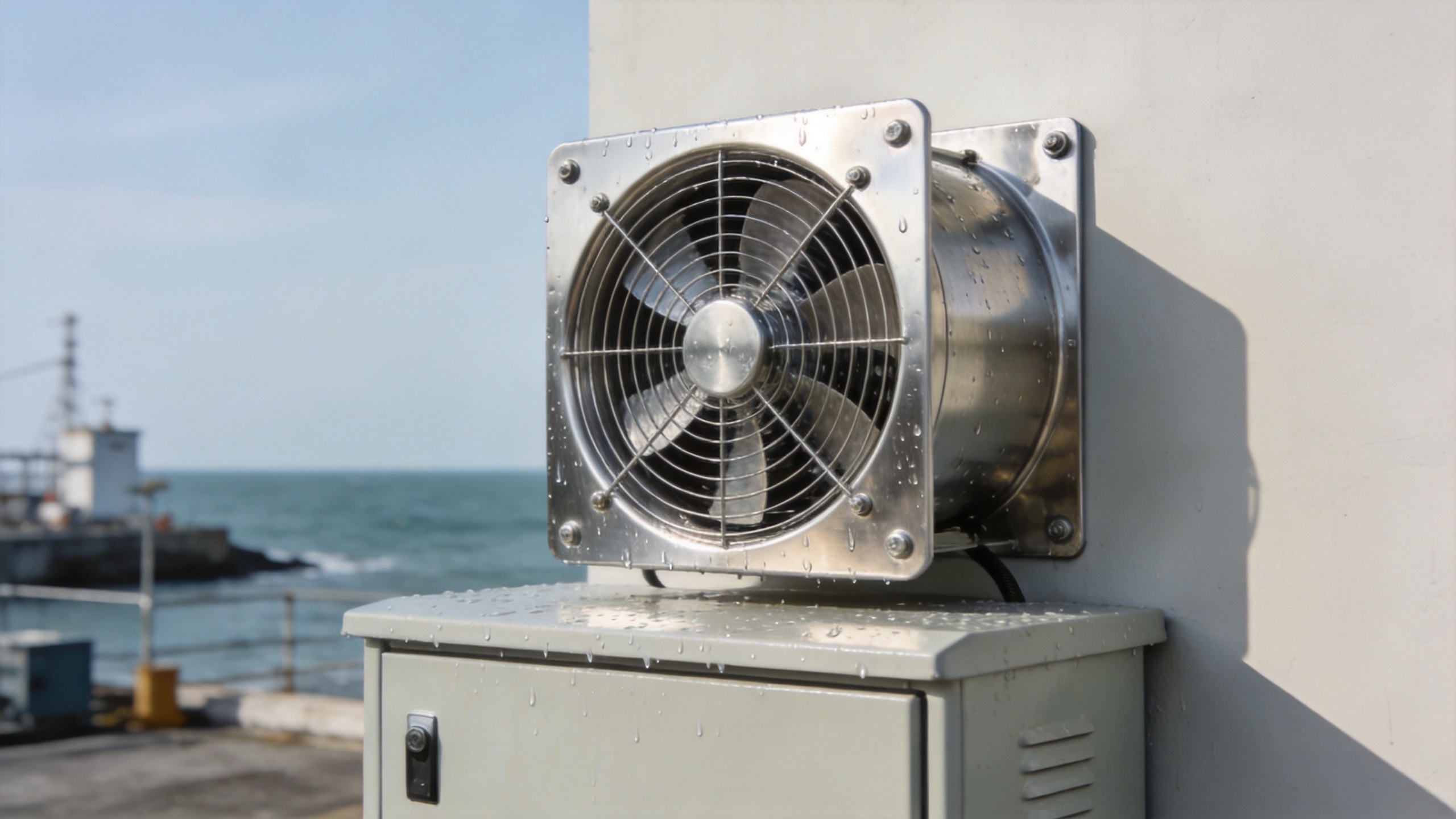 Waterproof cabinet cooling fan with IP65 rating installed on outdoor electrical enclosure
