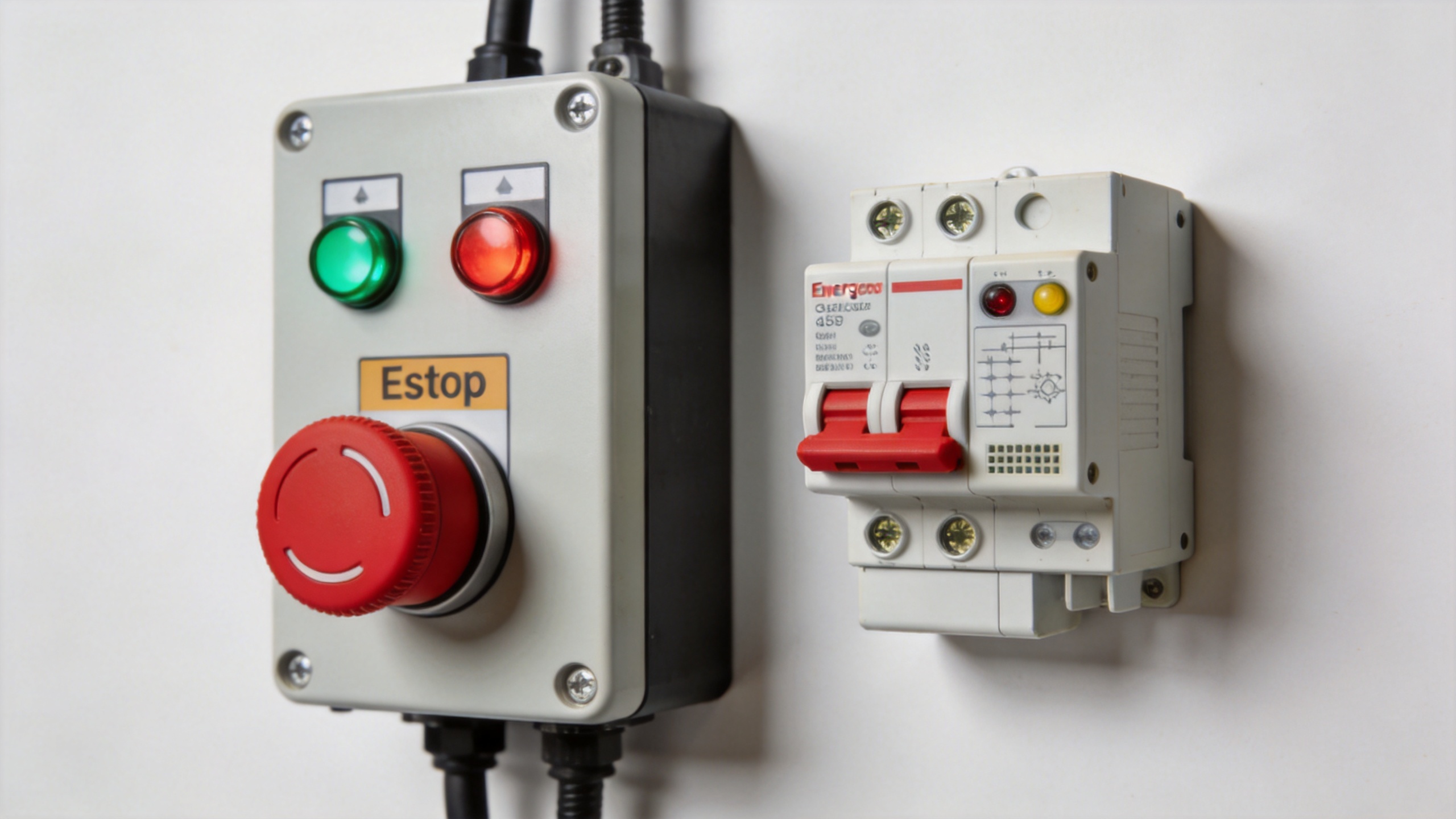 Emergency stop interlock panel for industrial axial fan control system with red E-stop button and safety relay module
