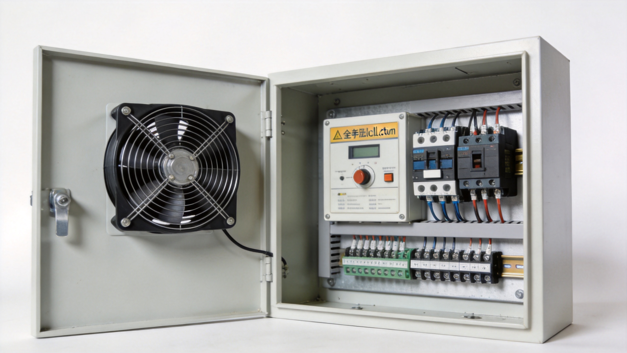 Industrial axial fan motor control cabinet with safety interlock protection relay panel and thermal overload relay on DIN rail