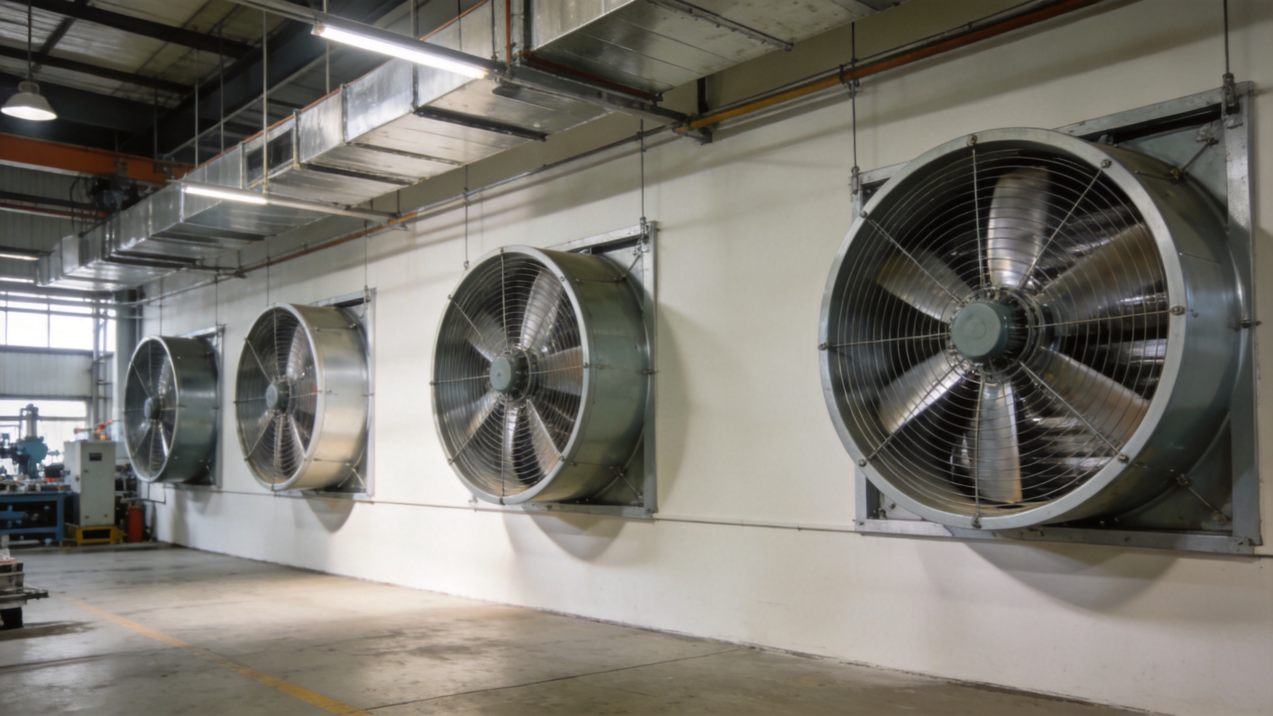 Large factory workshop with large axial fans mounted for wide-range air supply