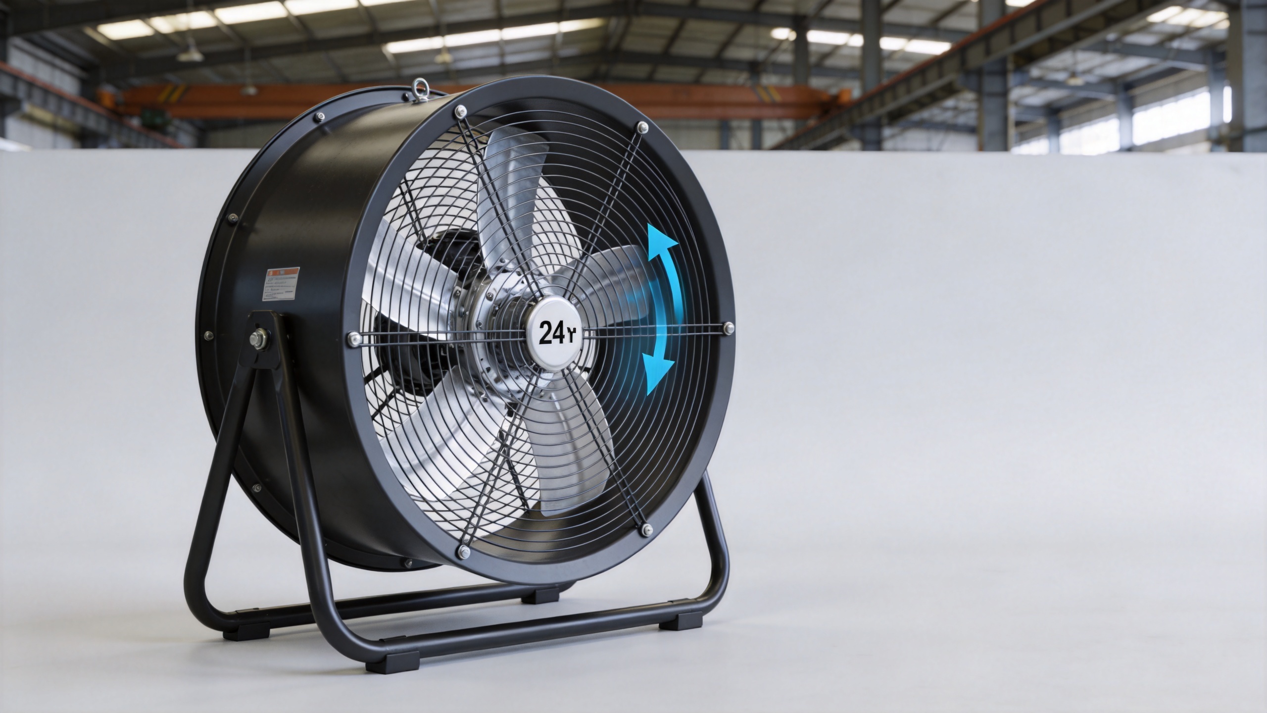 Industrial axial fan 24 inch installed in a factory workshop showing airflow direction