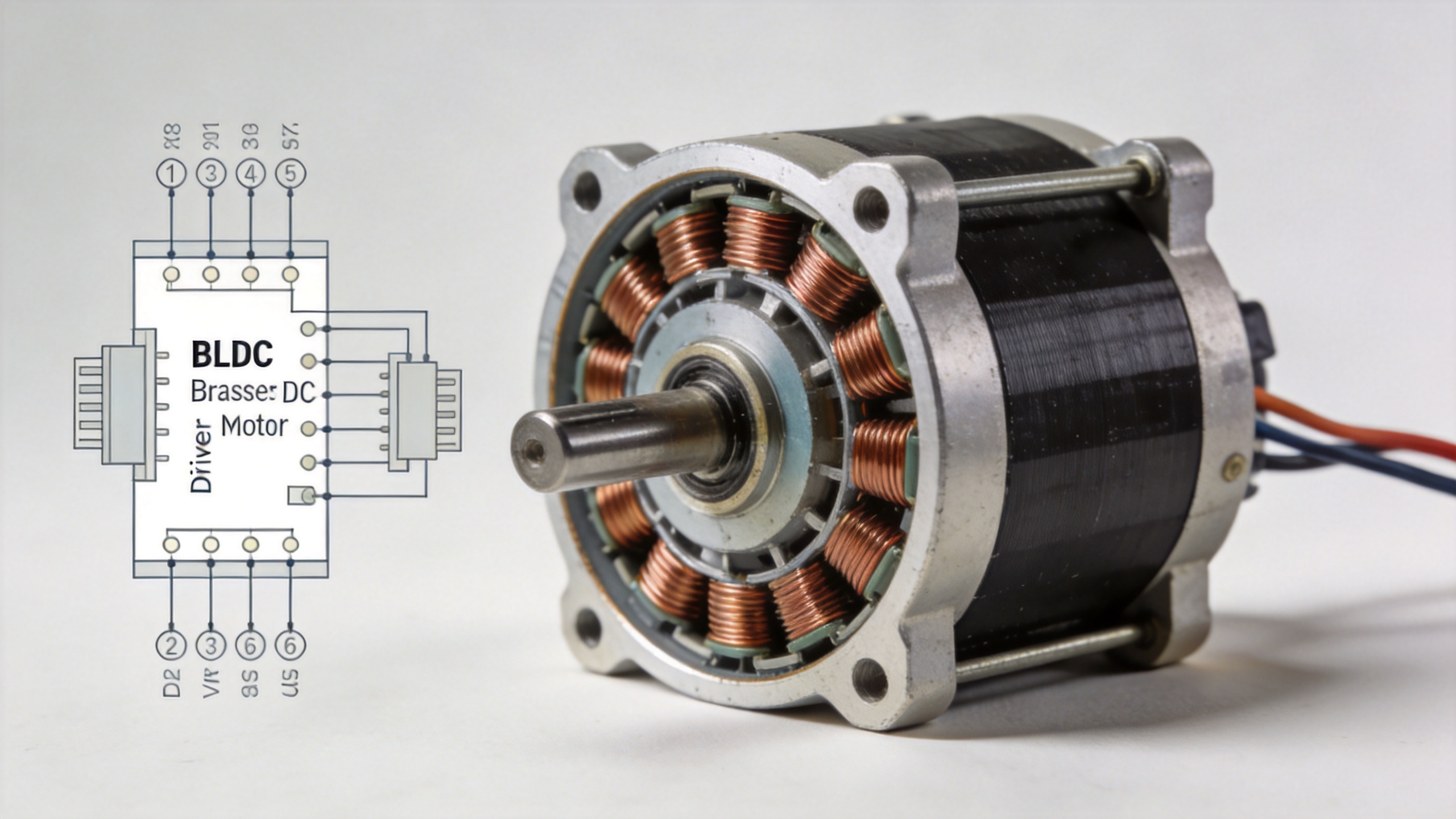 Brushless BLDC permanent magnet DC motor showing stator windings and rotor assembly used with intelligent motor driver
