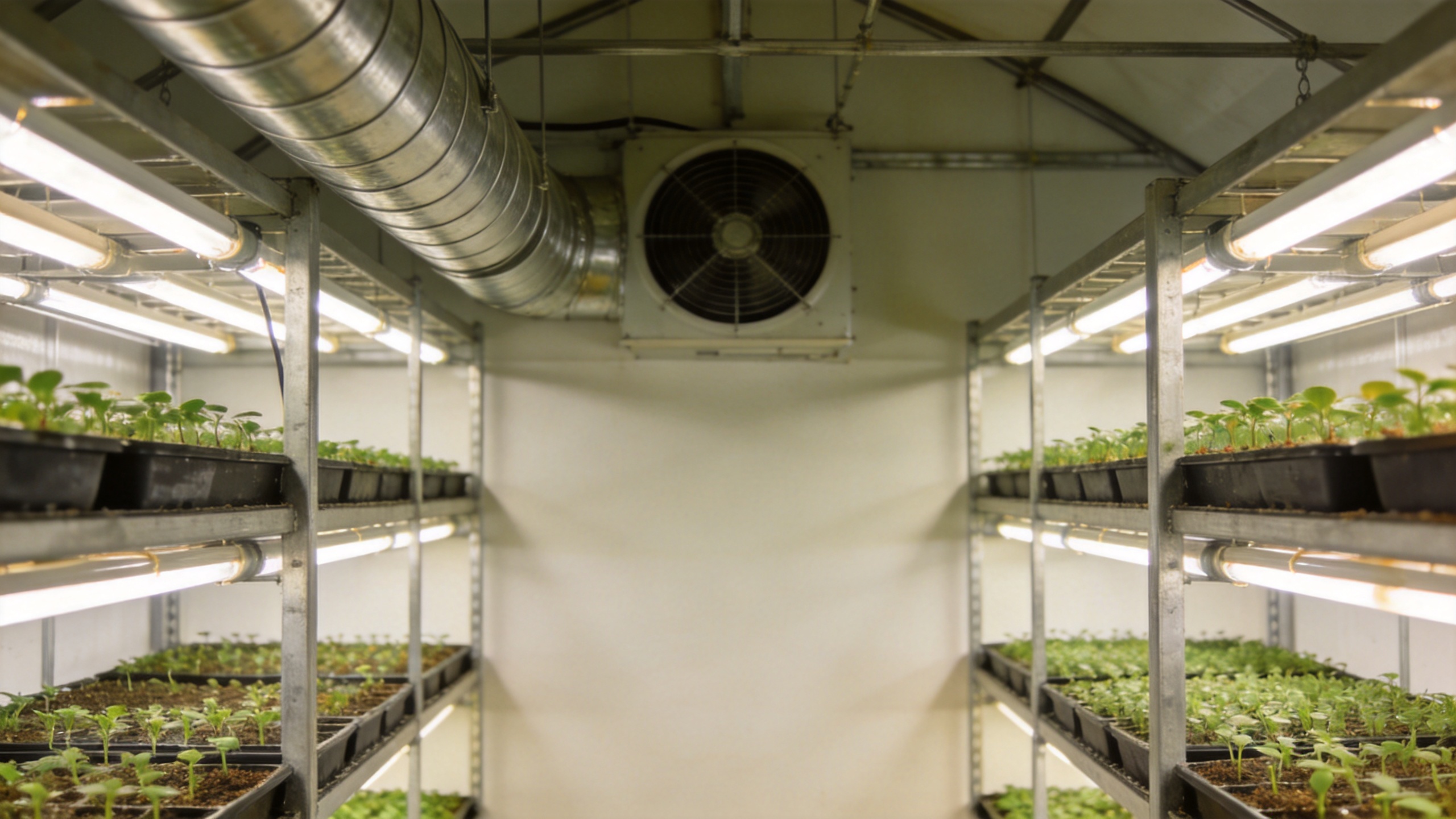 Seed germination greenhouse interior with industrial ventilation duct system ensuring uniform temperature distribution