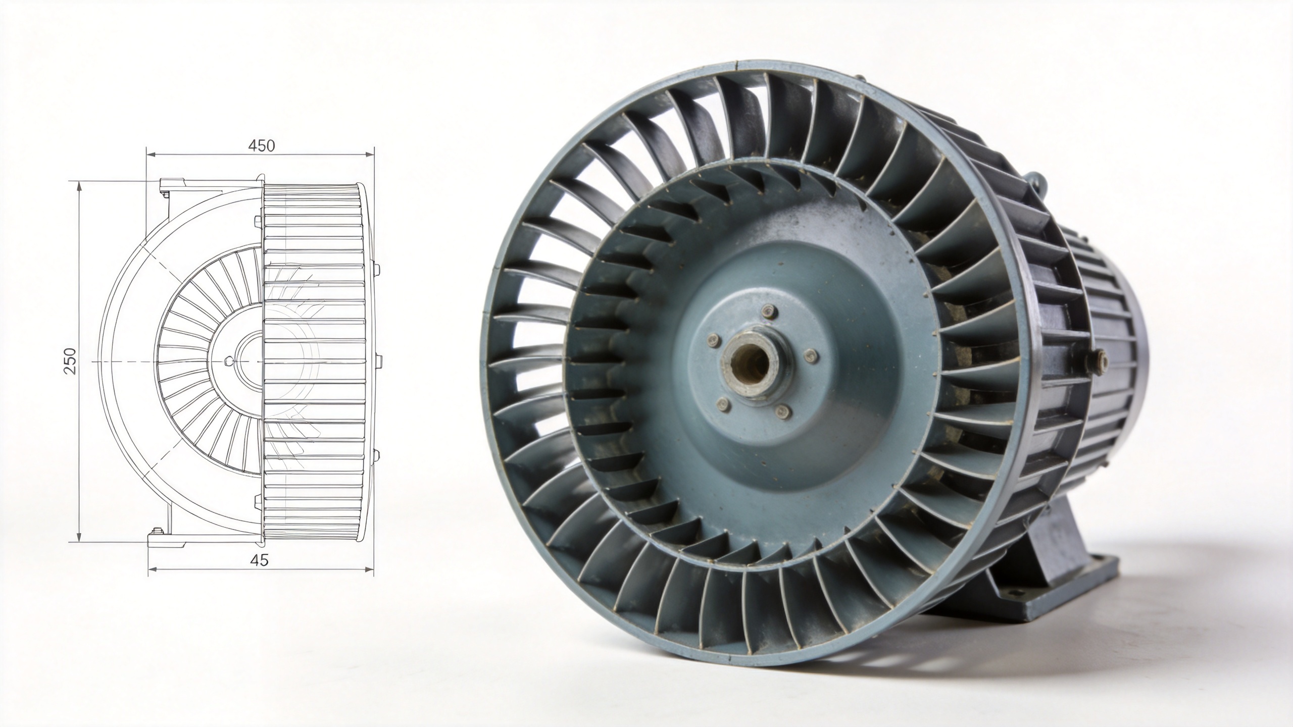 Backward inclined centrifugal fan showing impeller blade angle orientation for industrial ventilation