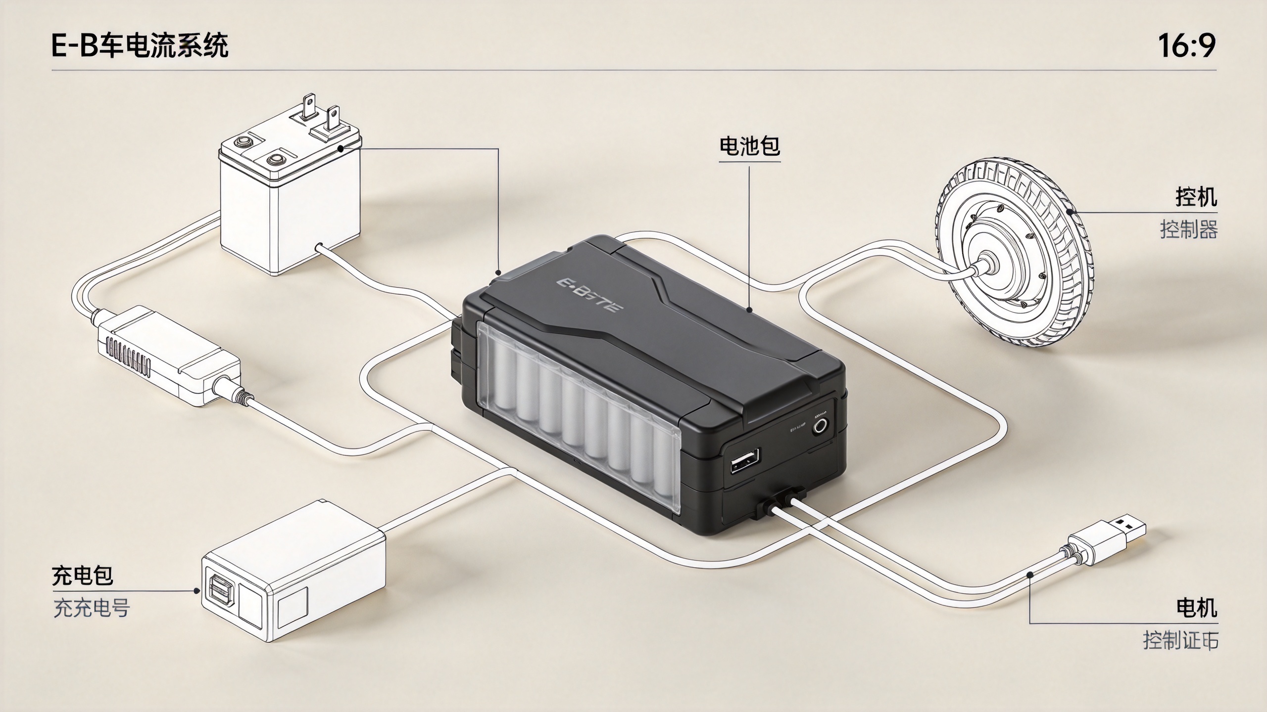 Lithium ion e bike battery system with charger, controller, motor, and wiring