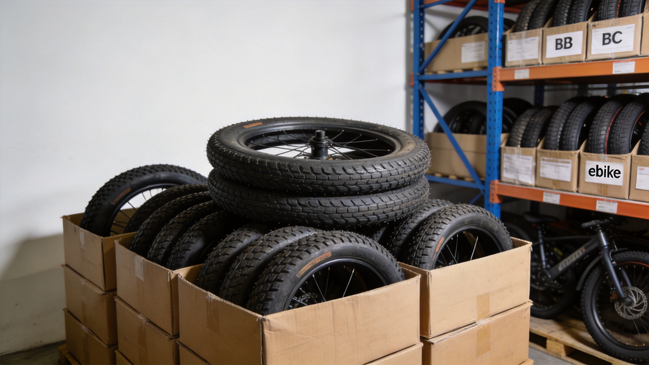 Bulk ebike tires stacked in boxes ready for wholesale shipping from China factory