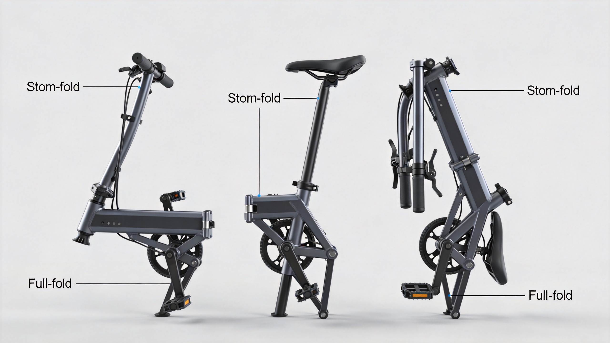 Comparison of stem-fold mid-fold and full-fold foldable electric bike frame mechanisms