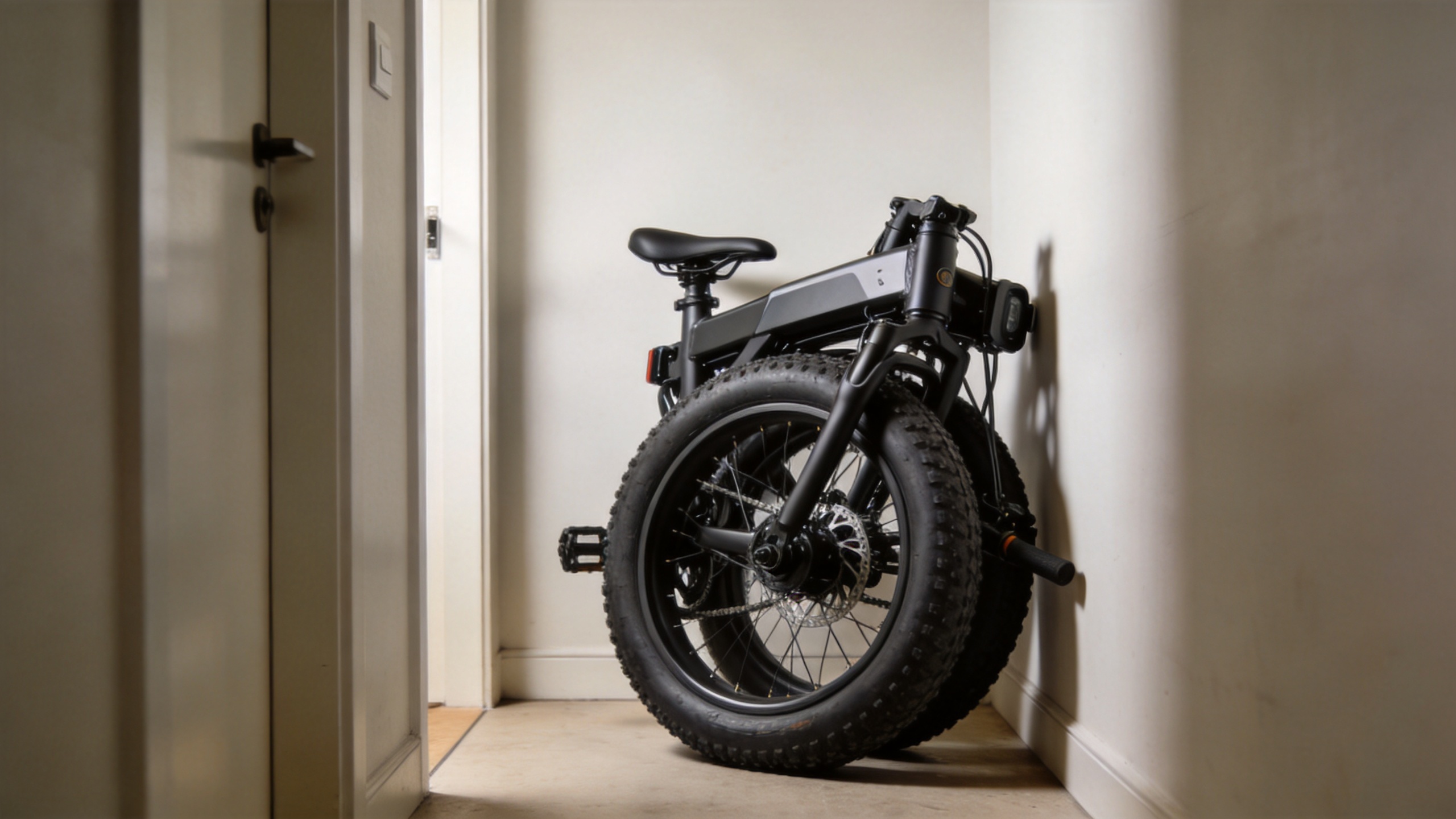 Foldable electric bike stored in folded position in a compact apartment space